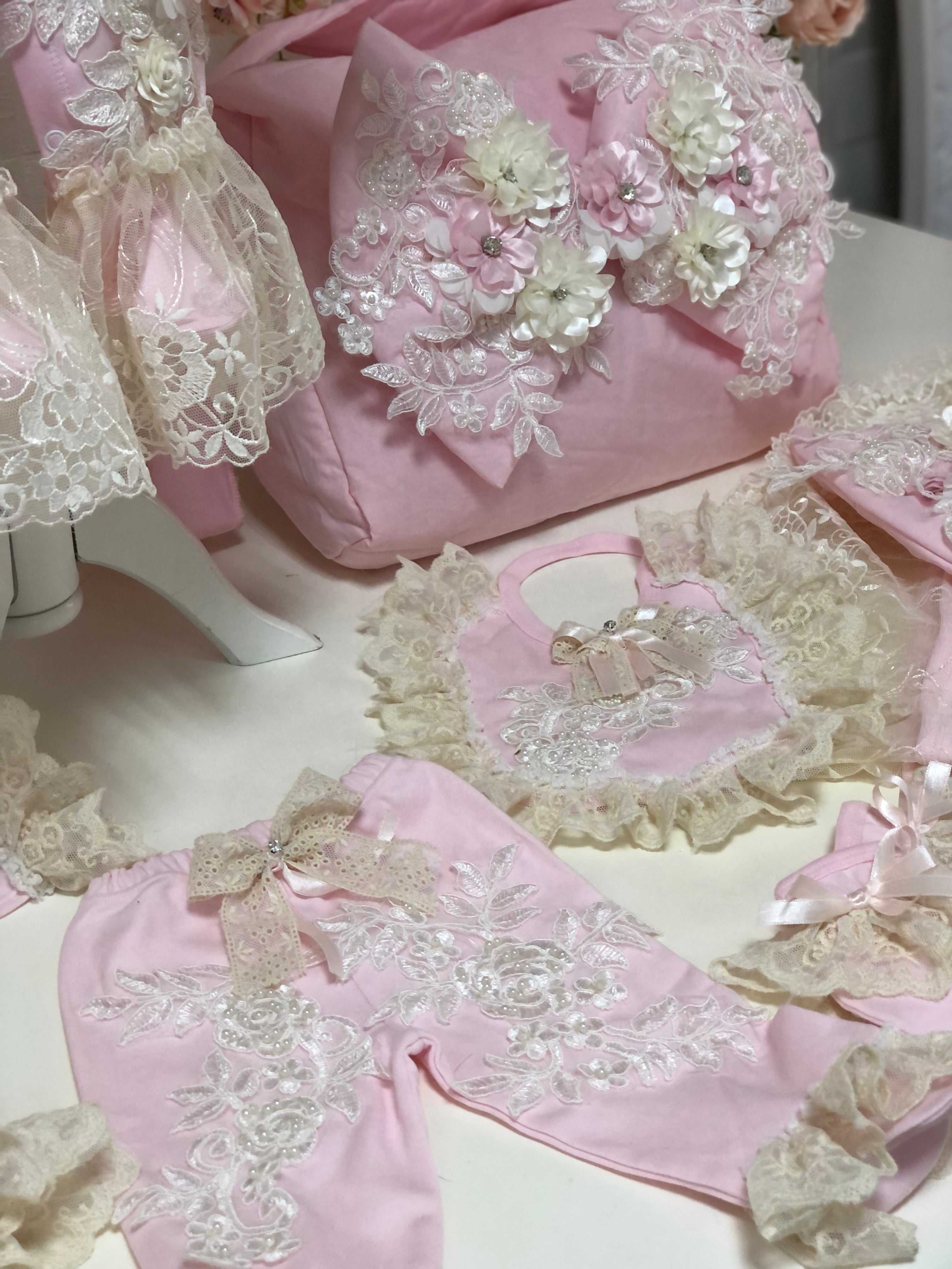 Pink Baby Newborn Jumpsuit Hat Pajamas Blankent And Diaper Bag 8 pieces set