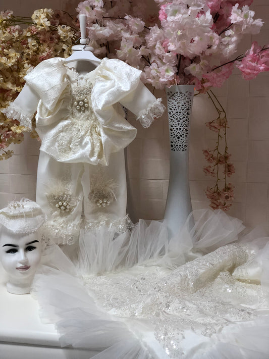 cream satin fabric jumpsuit hairband and blankent set