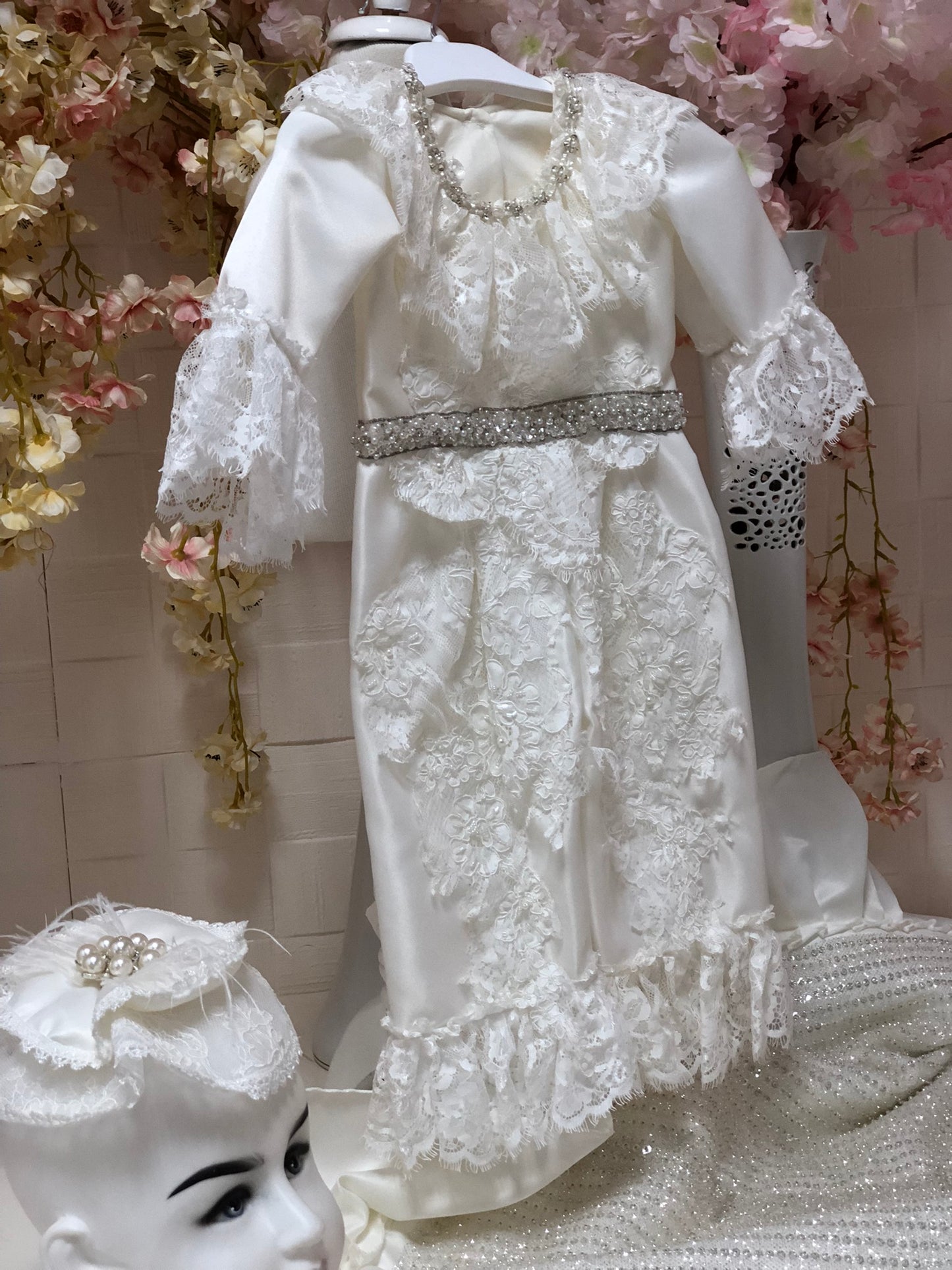 cream  satin fabric baby jumpsuit hairband and blankent set