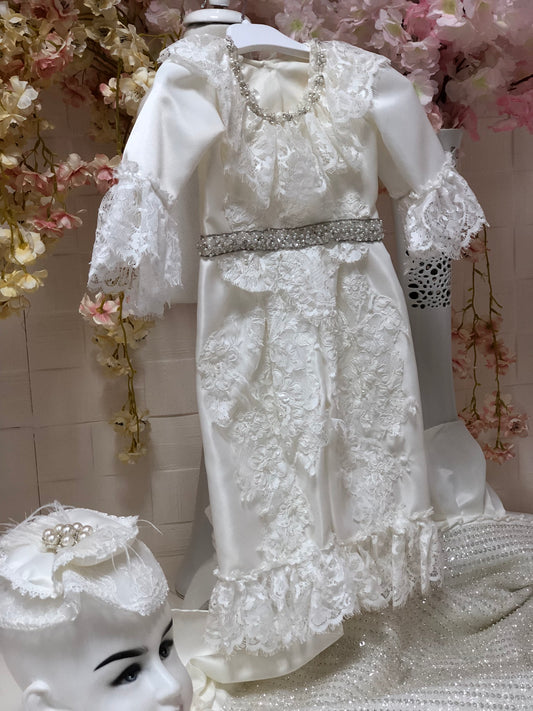 cream  satin fabric baby jumpsuit hairband and blankent set