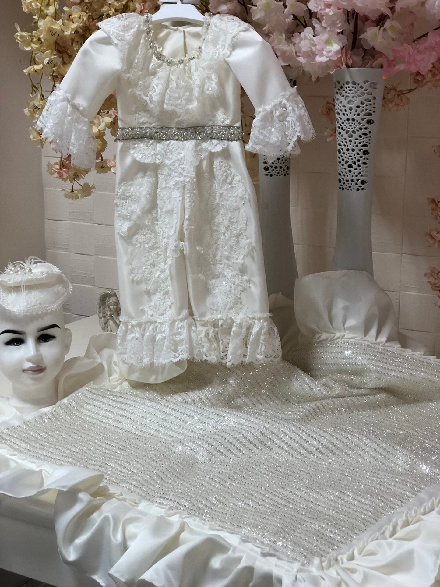 cream  satin fabric baby jumpsuit hairband and blankent set