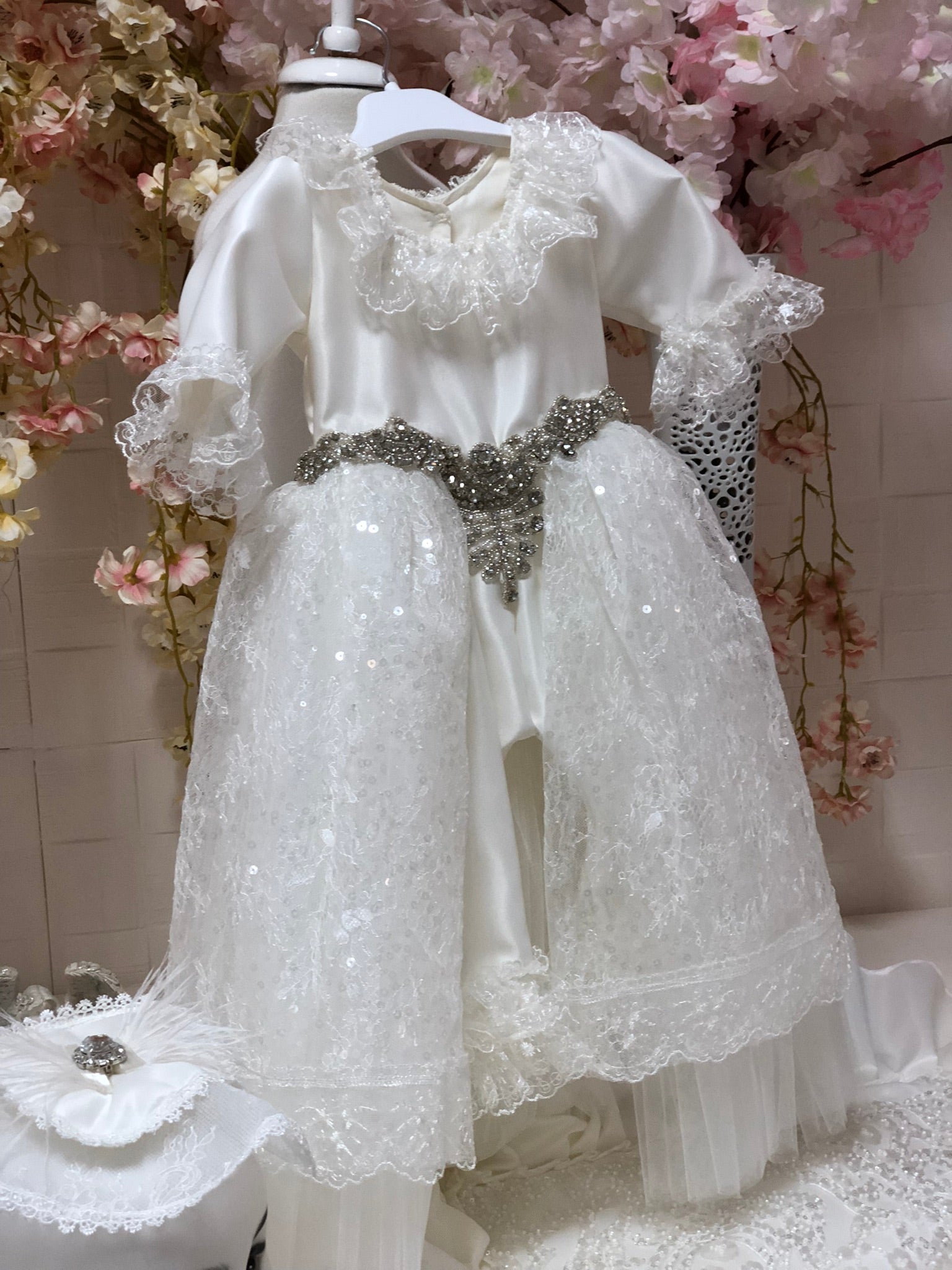 Cream Baby Baptism Jumpsuit  HairBand And Blankent Set