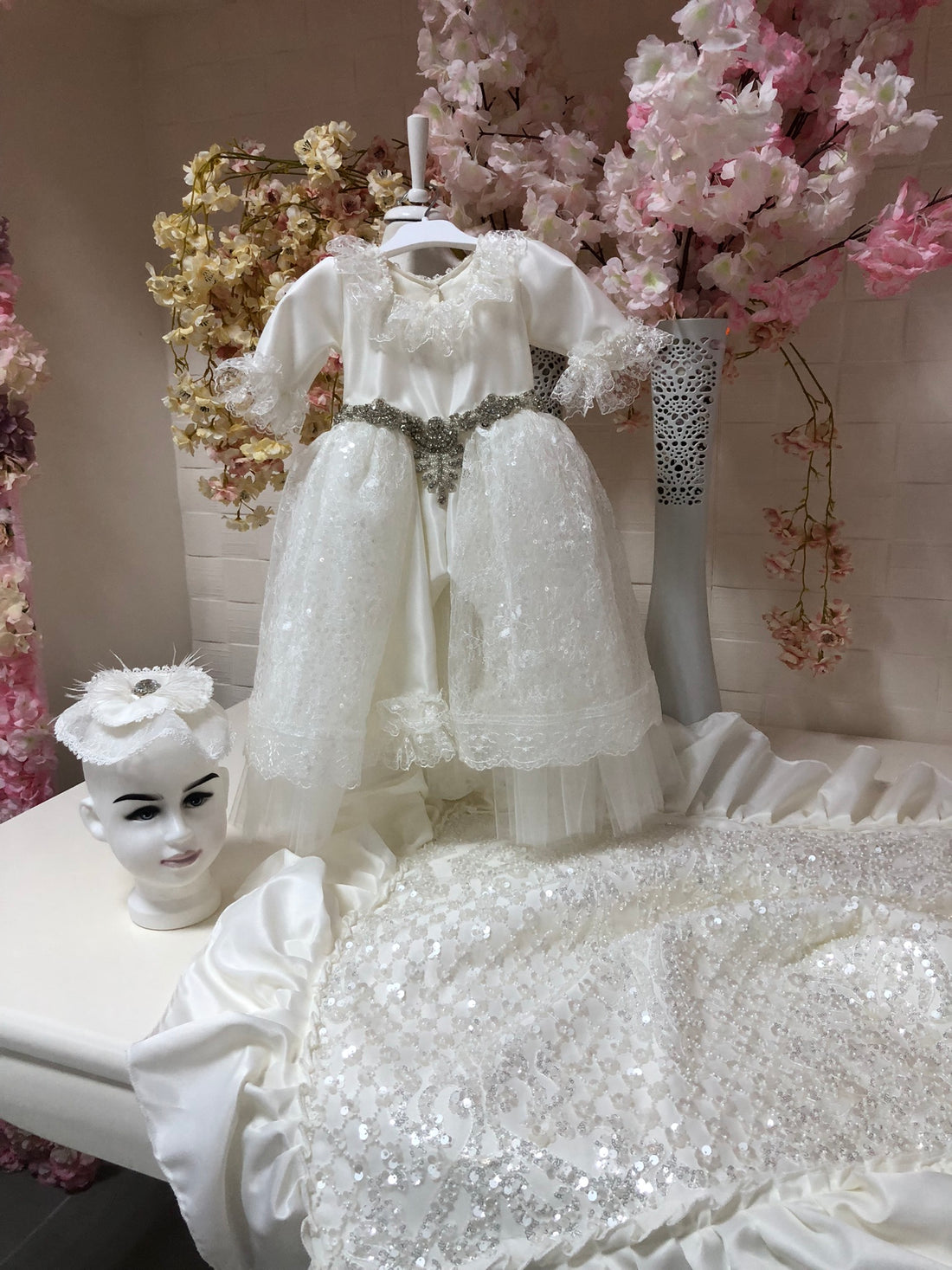 Cream Baby Baptism Jumpsuit  HairBand And Blankent Set