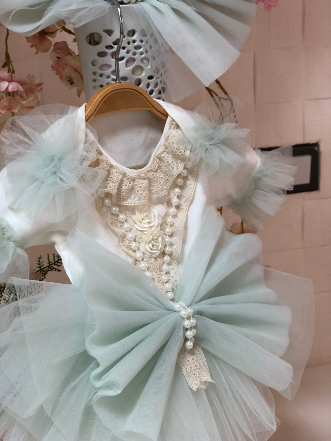 Cream Mint Blue Baby Romper And HairBow