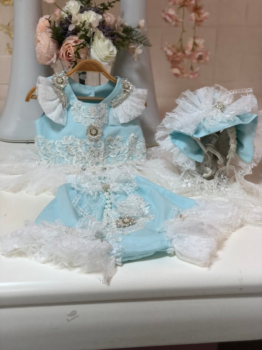 Mint Blue Baby Girl Coton Lace Fabric Short Blouse and bonnet wholesale 7 pcs