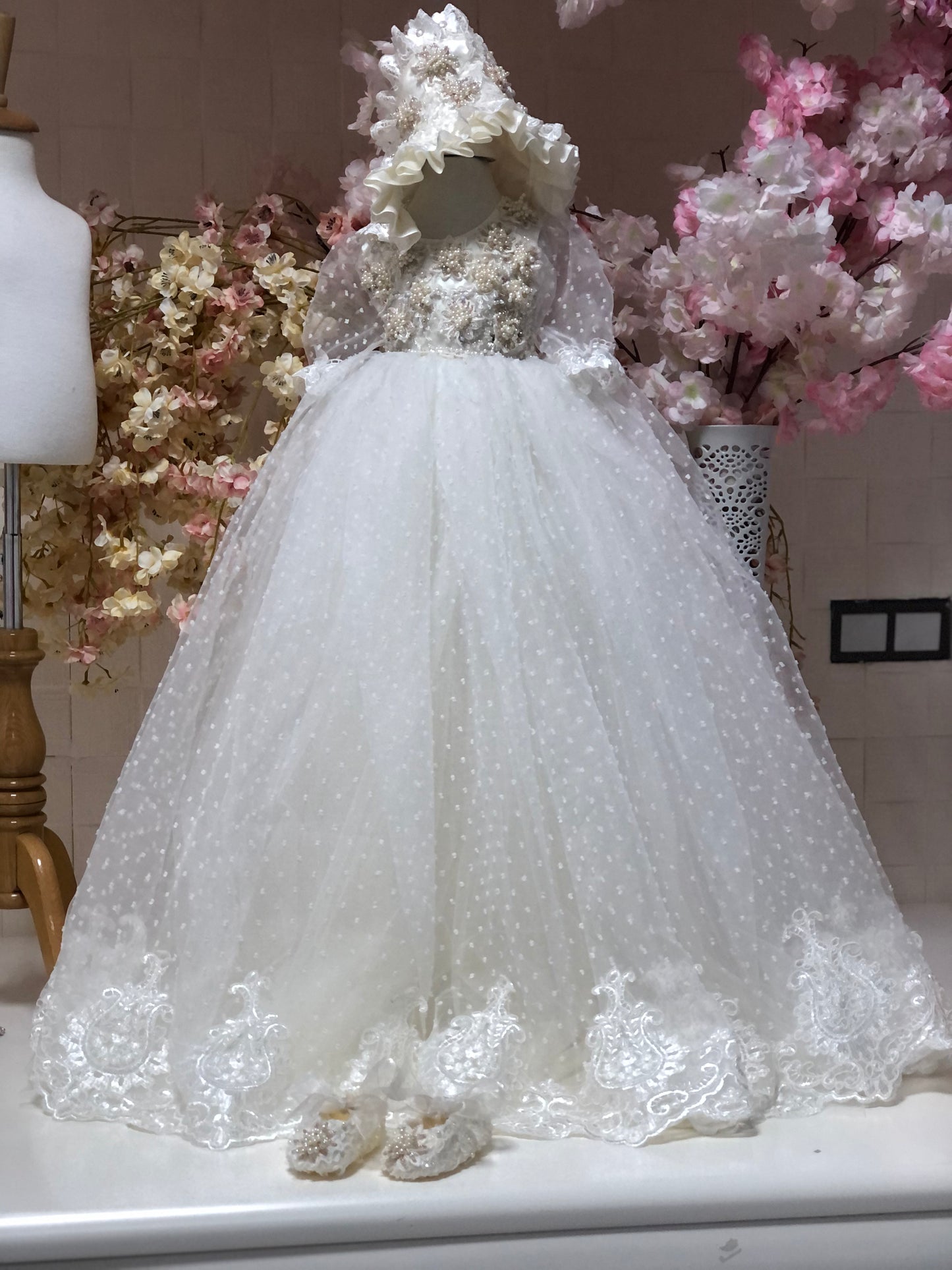 cream baby baptism long gown bonnet and shoes wholesale 4 pcs