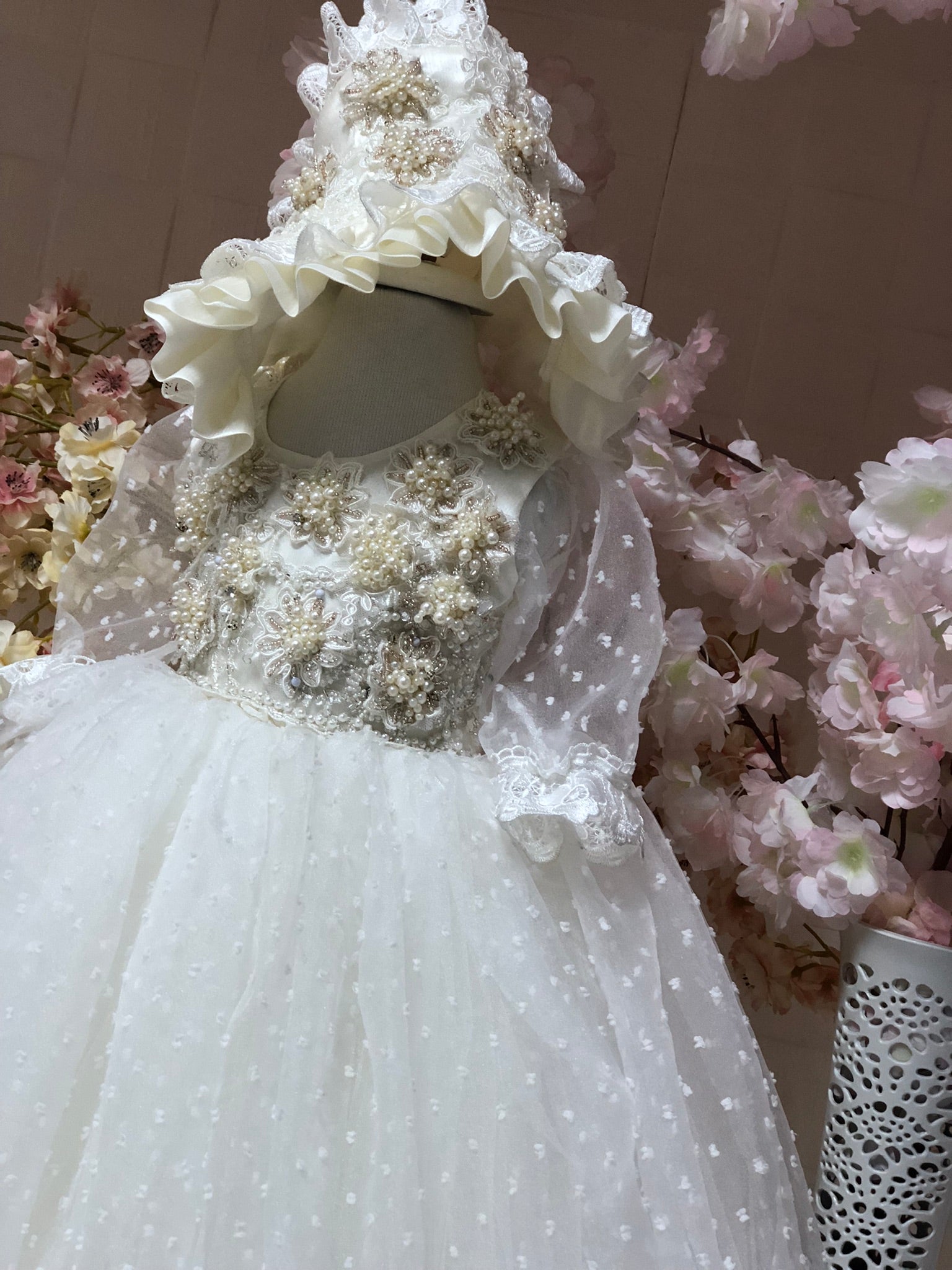 Cream Long Pearl Aplıque Handmade Gown  Bonnet And Shoes Baptism Gown