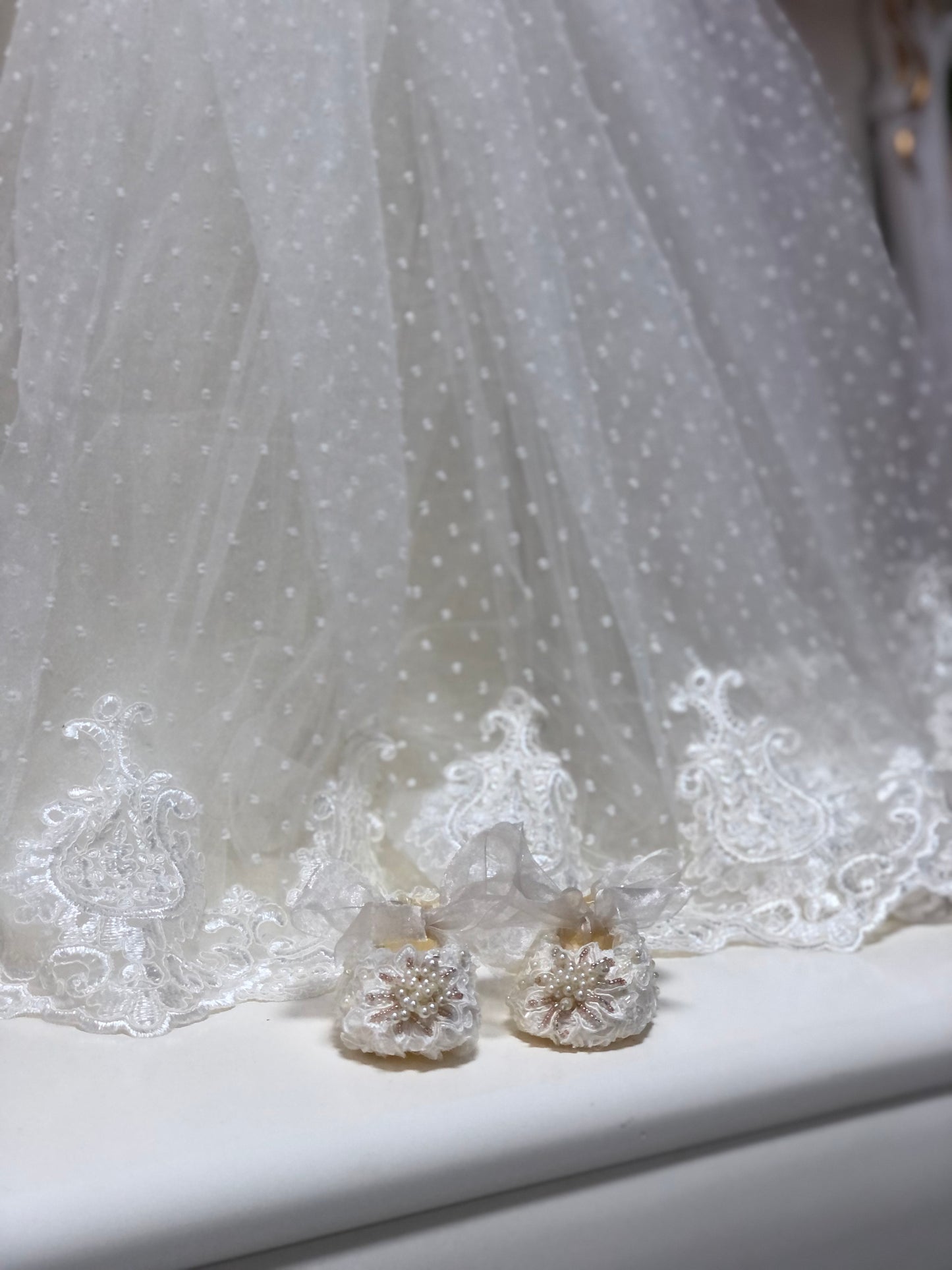cream long baby baptism gown bonnet and shoes wholasale 4 pcs