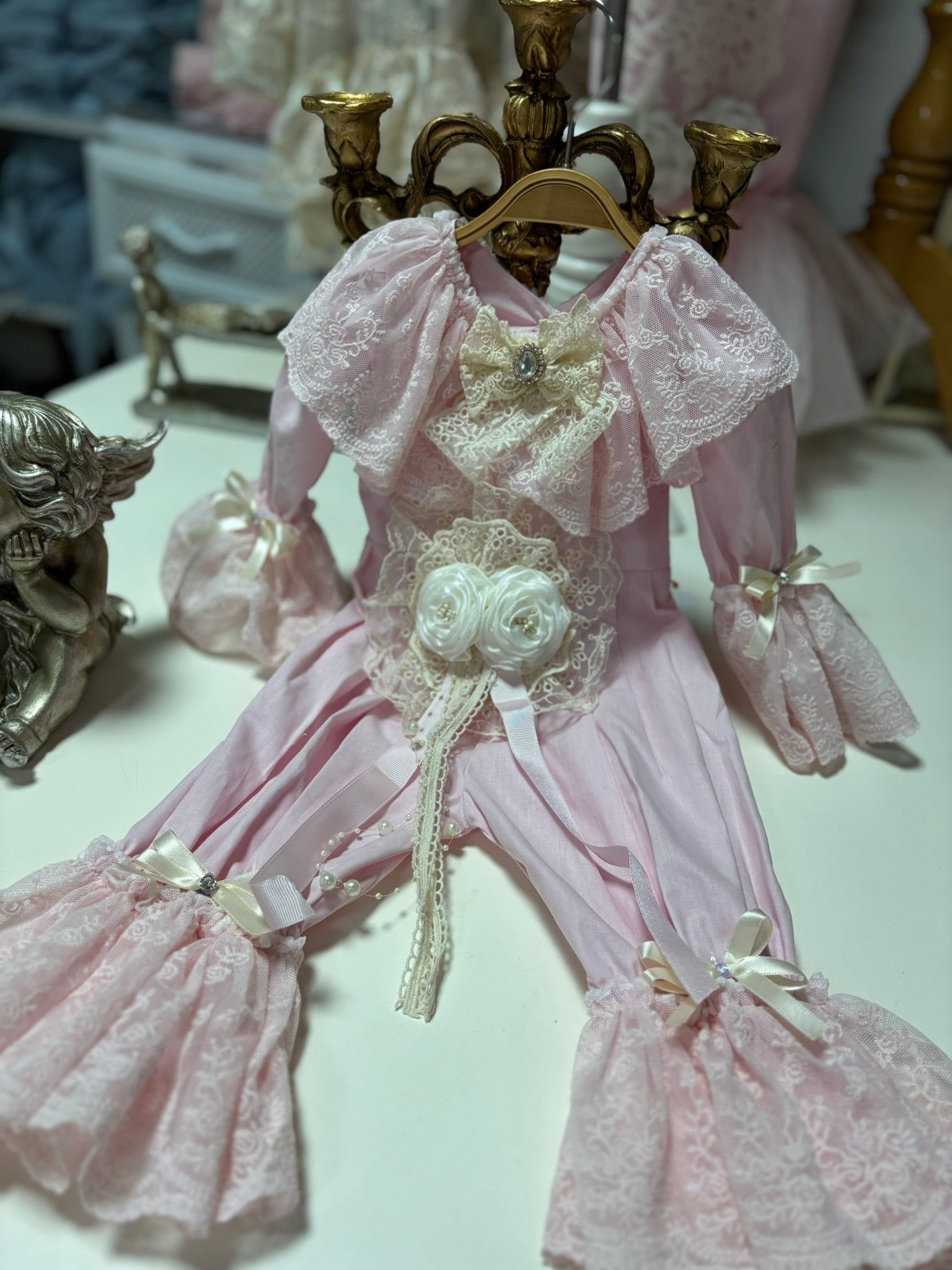 Baby Girl Vintage Lace Pink Jumpsuit Tulle Sleeves - Cotton Fabric