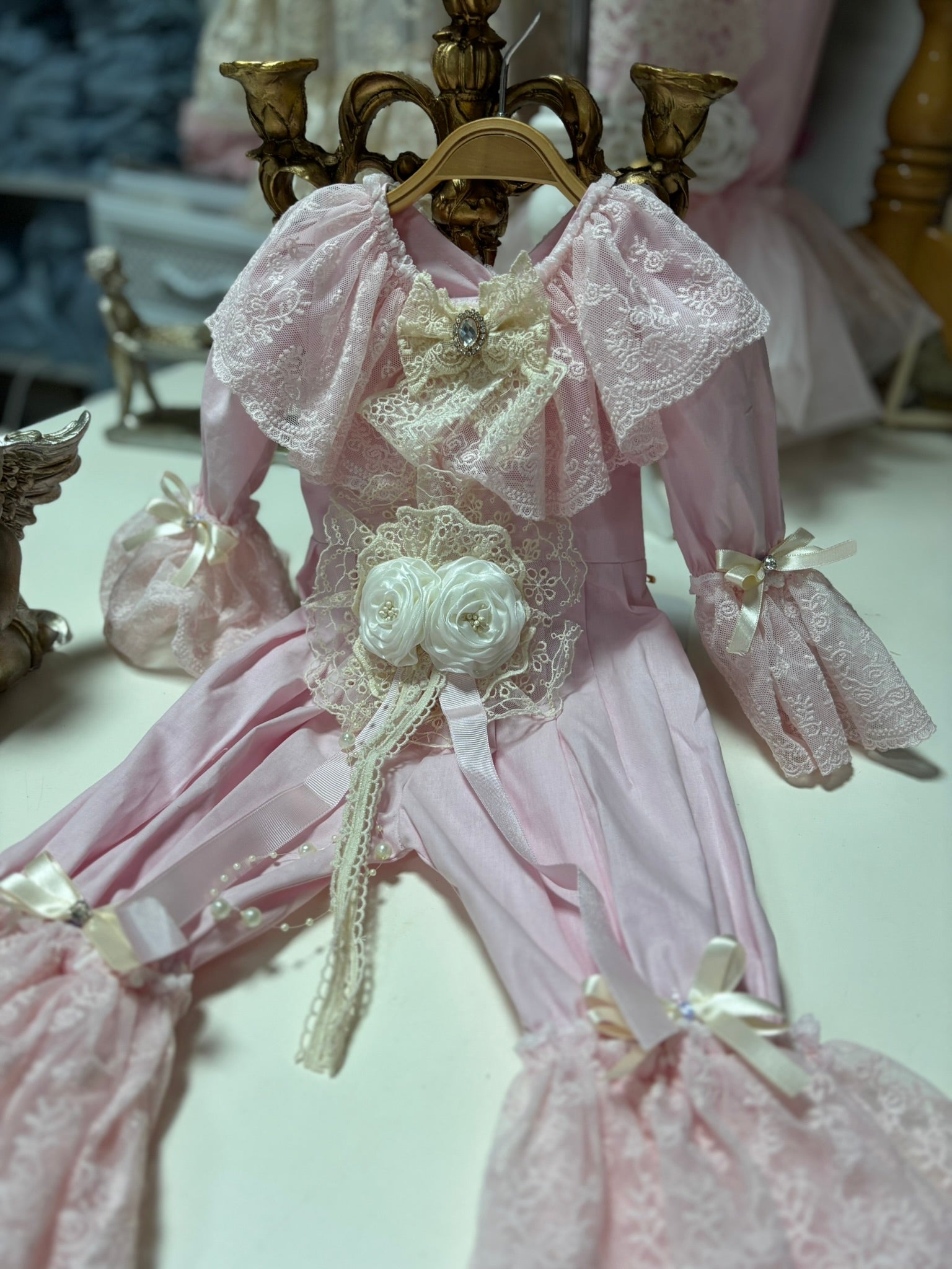 Baby Girl Vintage Lace Pink Jumpsuit Tulle Sleeves - Cotton Fabric