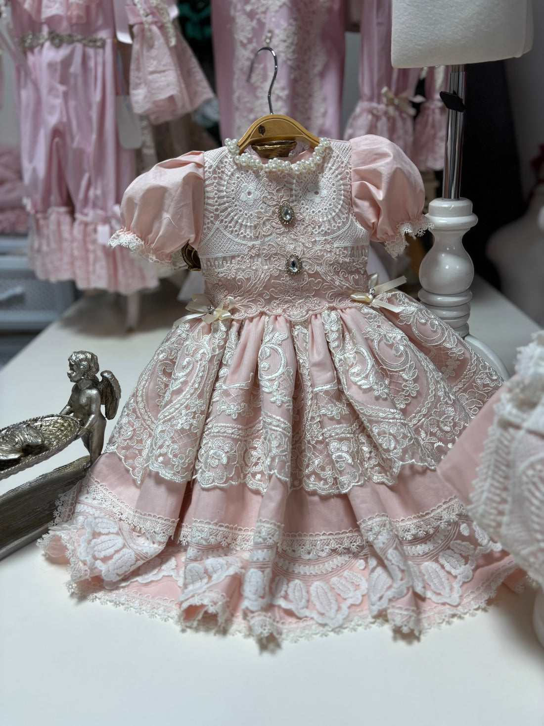 Pink Lace Coton Fabric Dresses And Bonnet