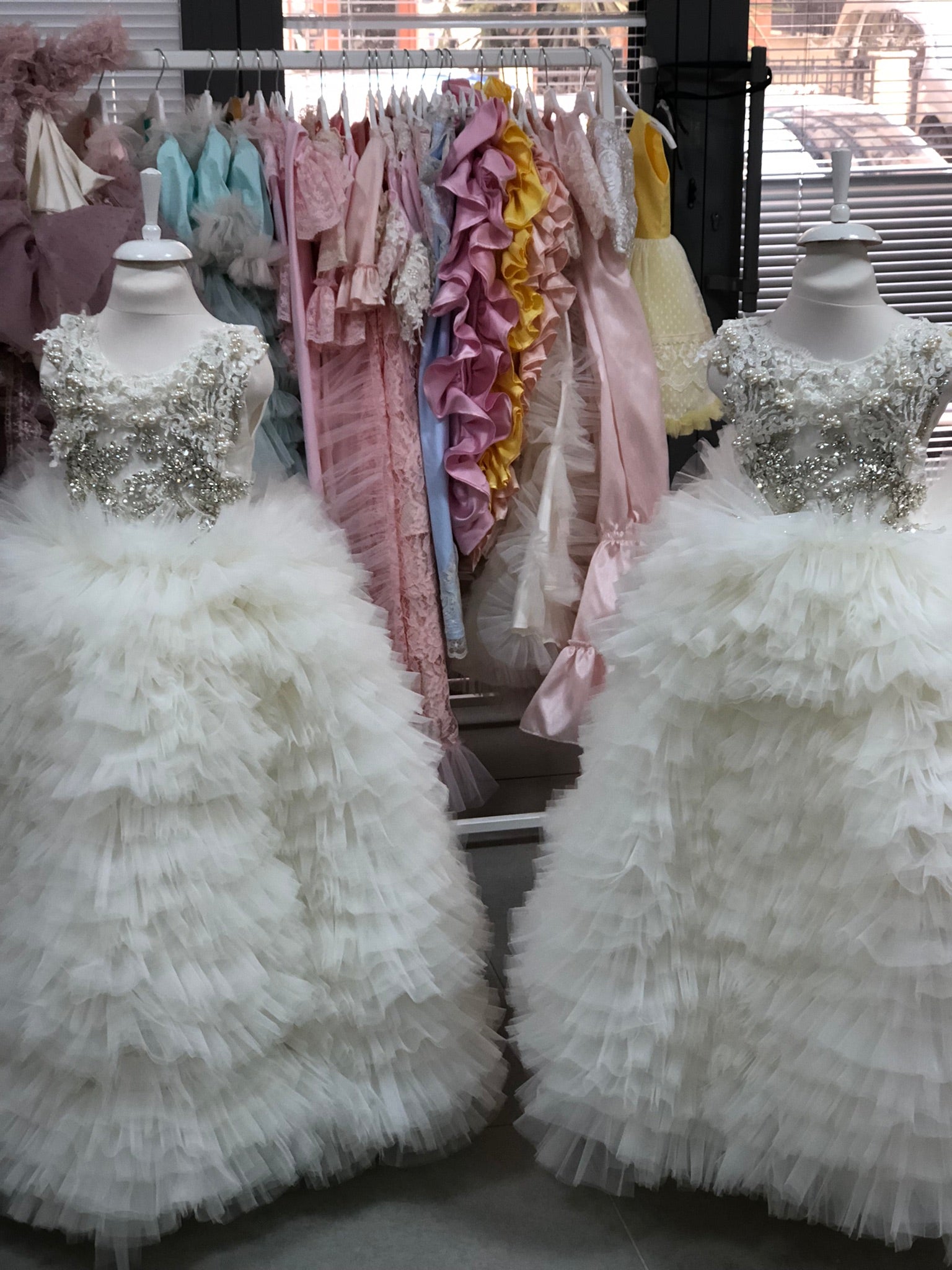 Cream Flowers Girl Full Tulle Rhine Stone pearl details long Dress Gown