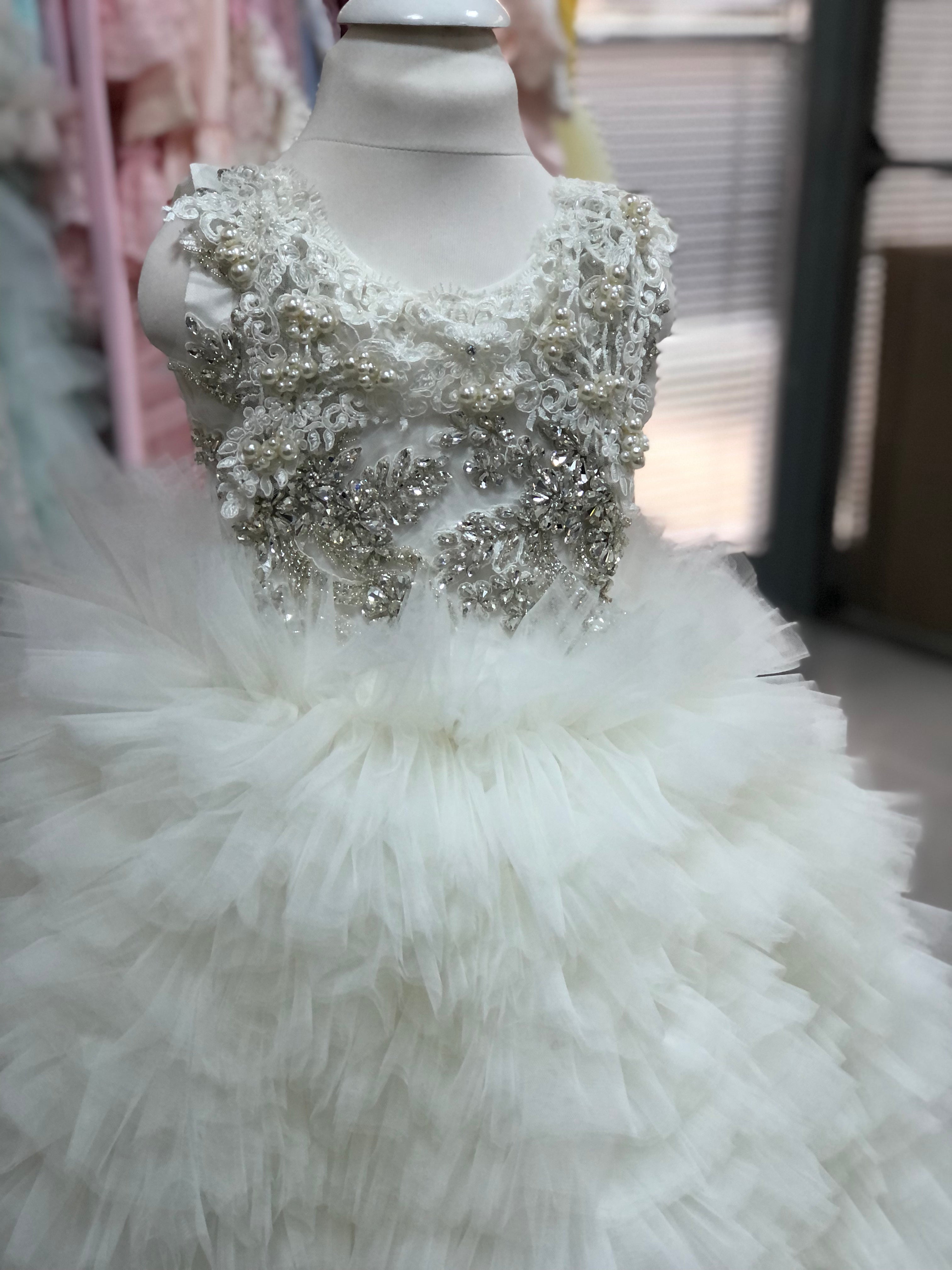 Cream Flowers Girl Full Tulle Rhine Stone pearl details long Dress Gown