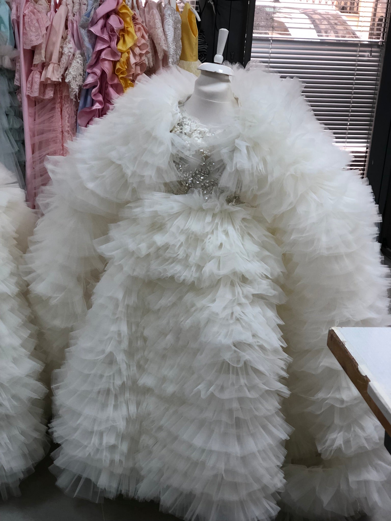 Cream Flowers Girl Full Tulle Rhine Stone pearl details long Dress Gown