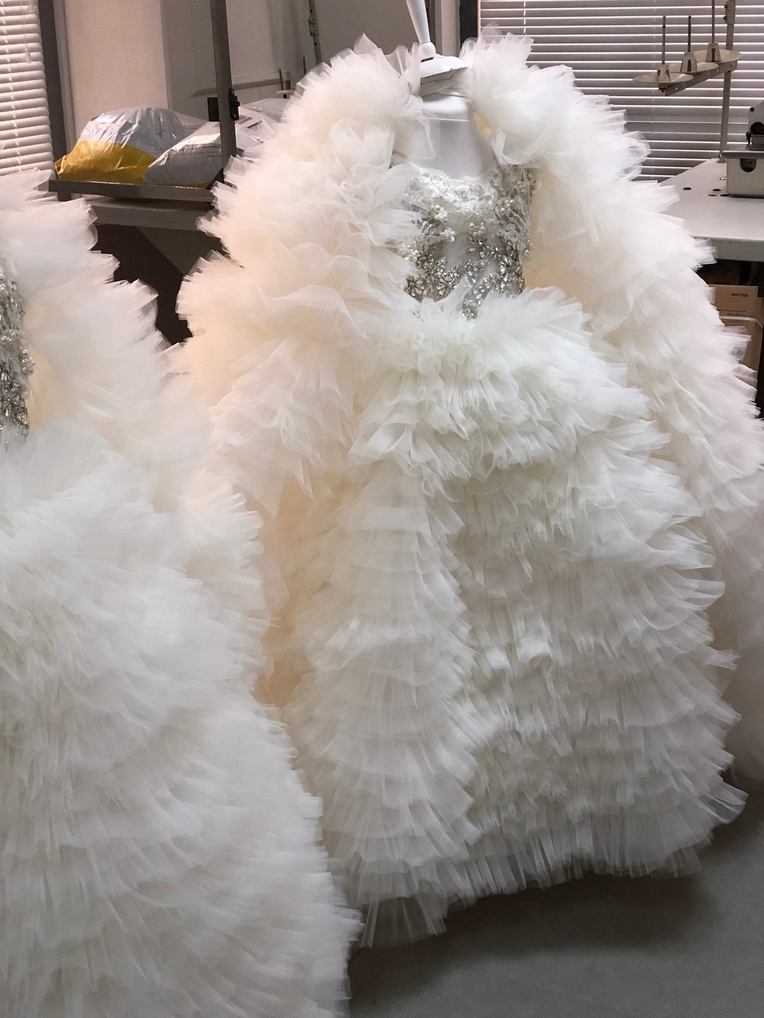 Cream Flowers Girl Full Tulle Rhine Stone pearl details long Dress Gown