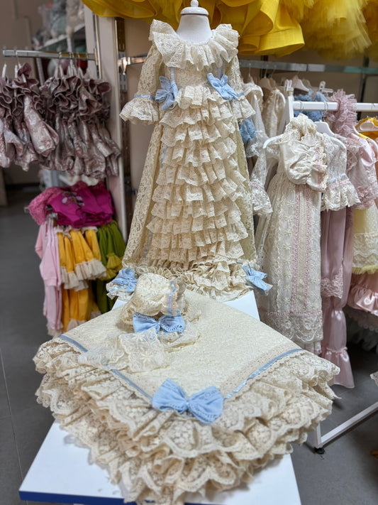 Lace baby gown bonnet blanket