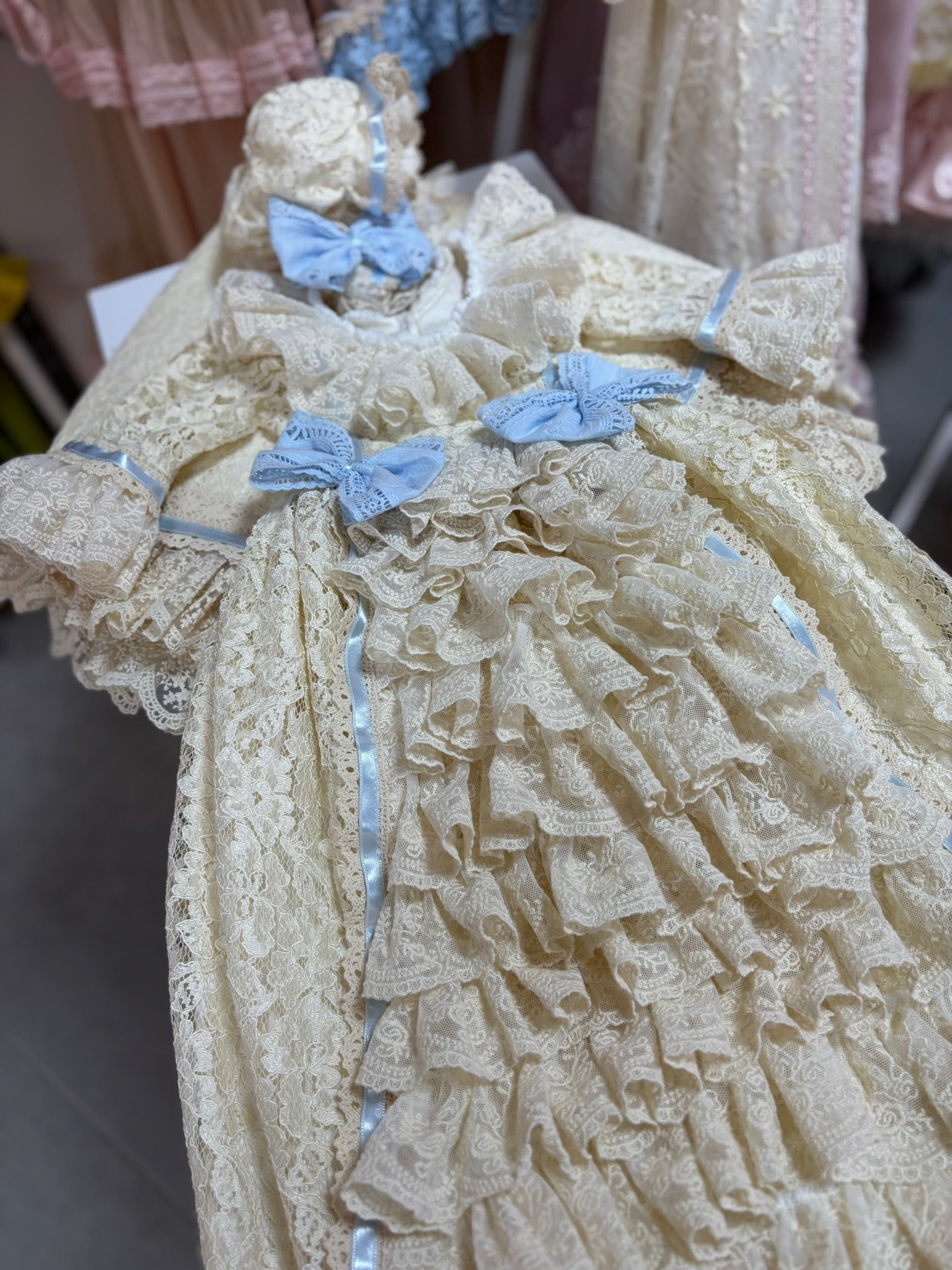Baby vintage lace fabric long gown bonnet and blankent