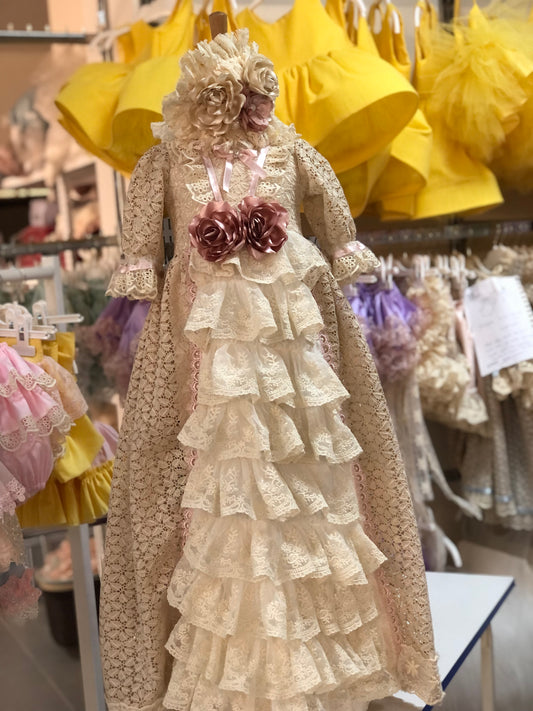 Lace fabric long  baby gown and bonnet