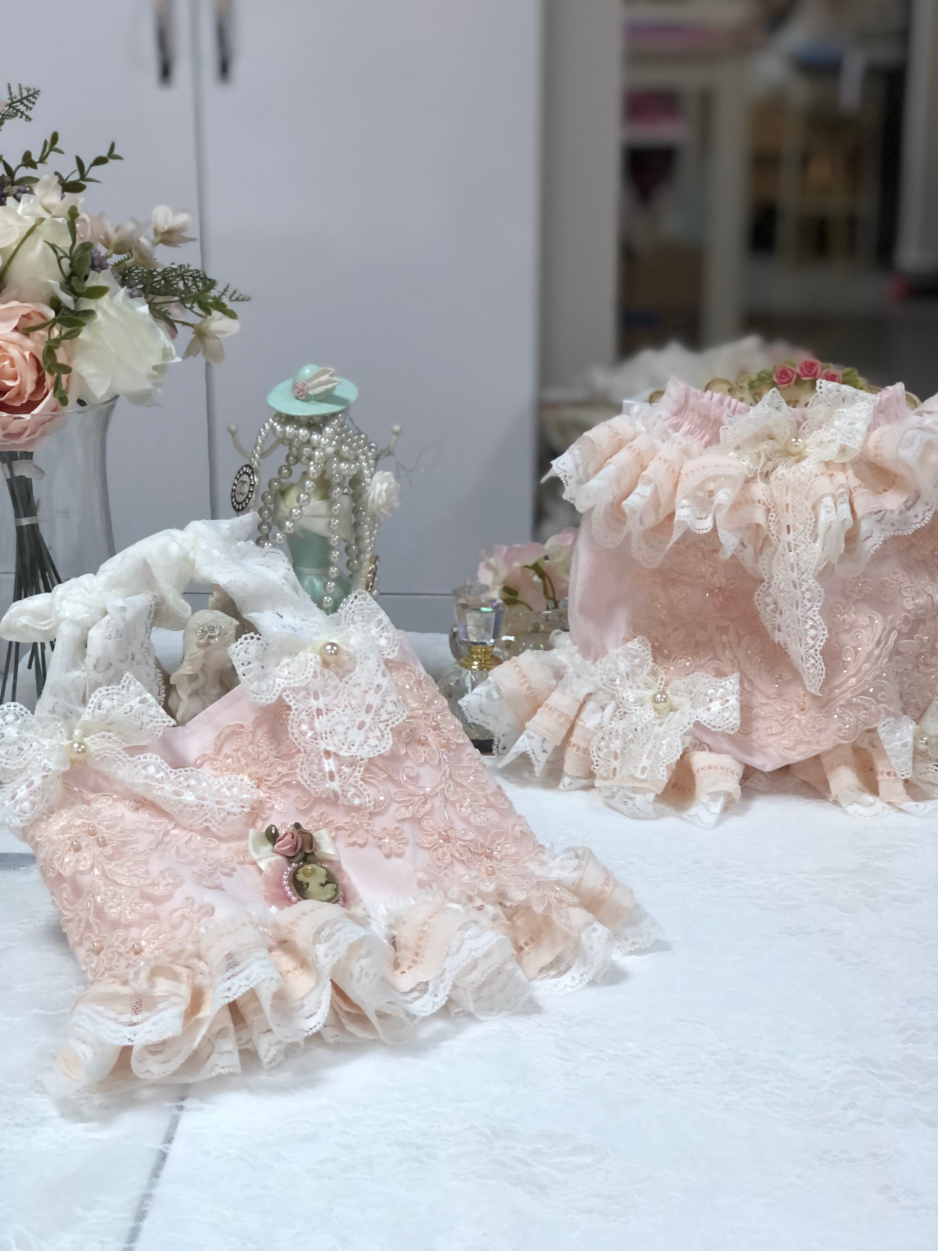 Light Pink Short And Blouse Vintage Desing Coton Fabric Lace Aplıque