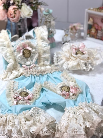 Mint Blue Baby Girl Blouse And Pants Vintage Desing Coton Fabric