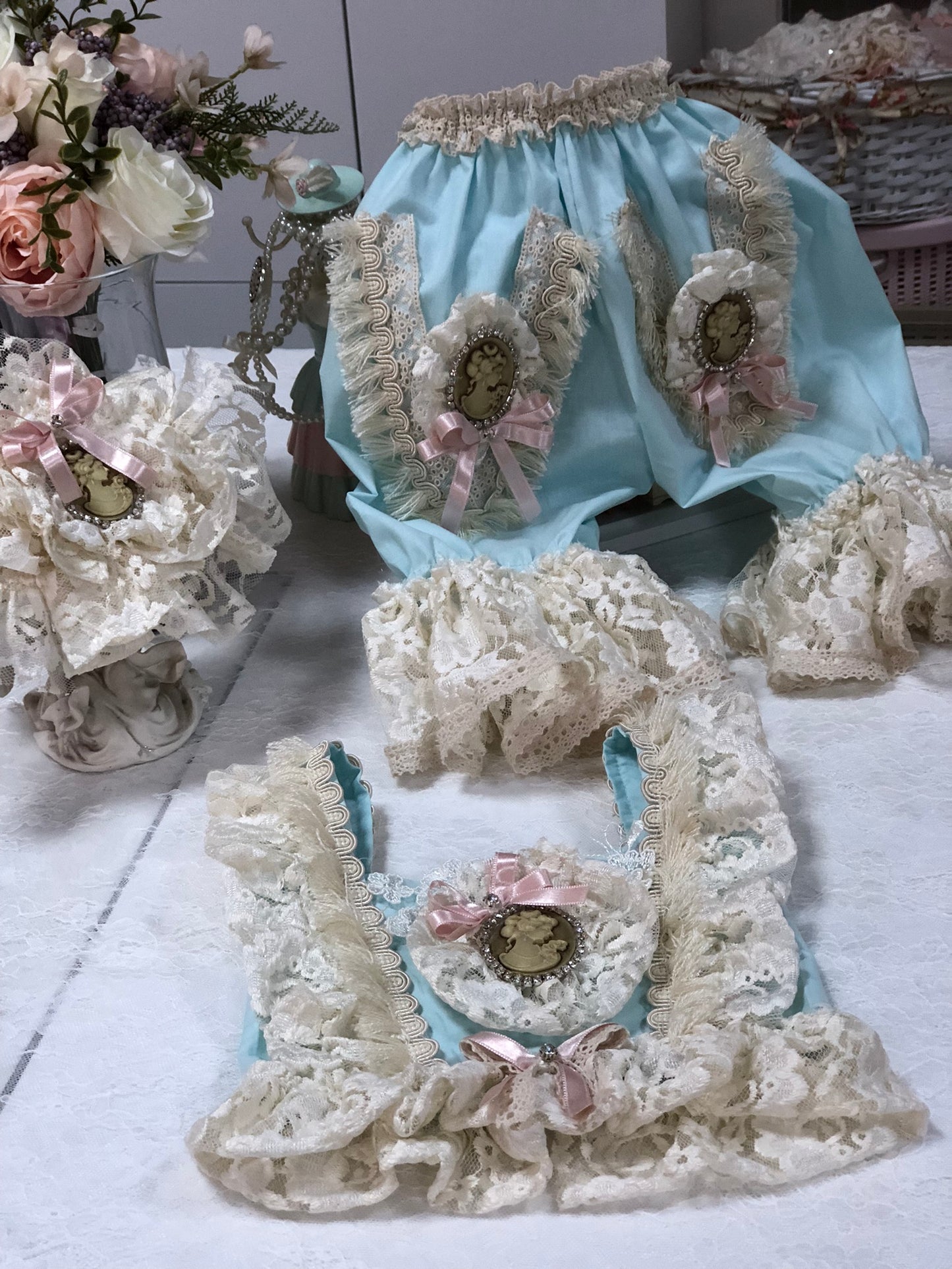 Mint Blue Baby Girl Blouse And Pants Vintage Desing Coton Fabric wholesale 7 pcs