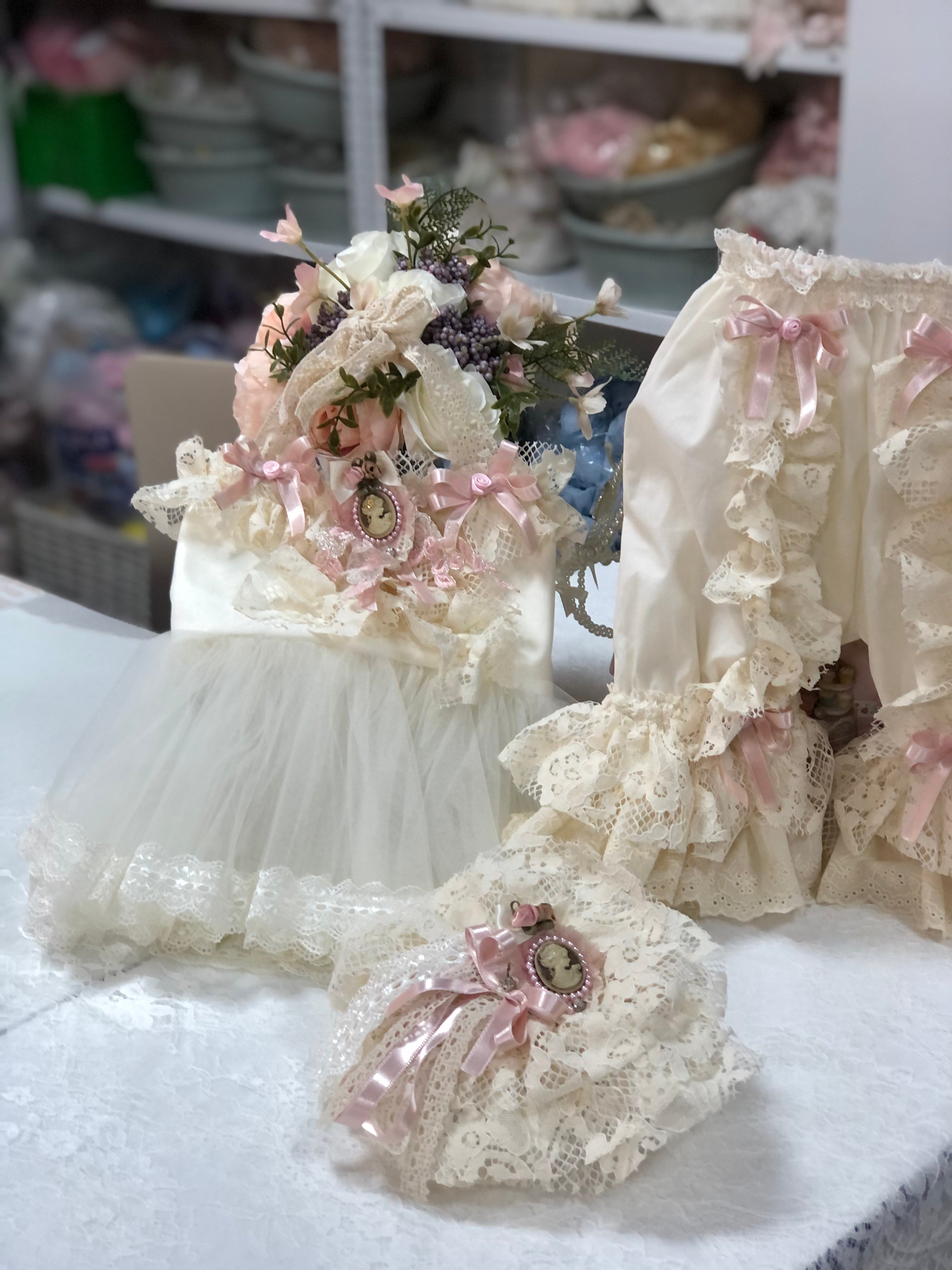 Cream Vintage Baby Girl Pants Blouse Hair Band