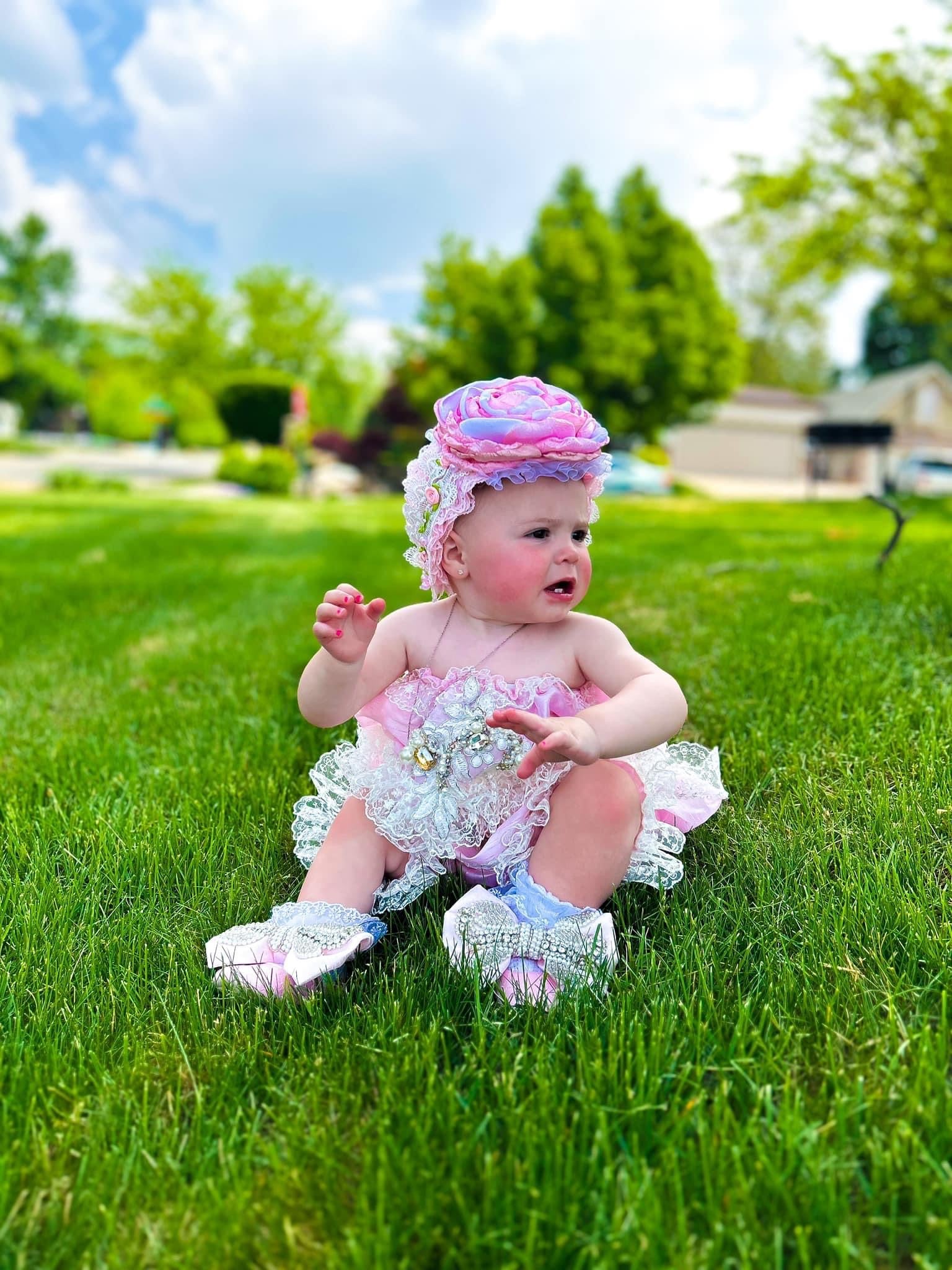 Pink baby and girl  coton fabric two pieces outfit and hair band
