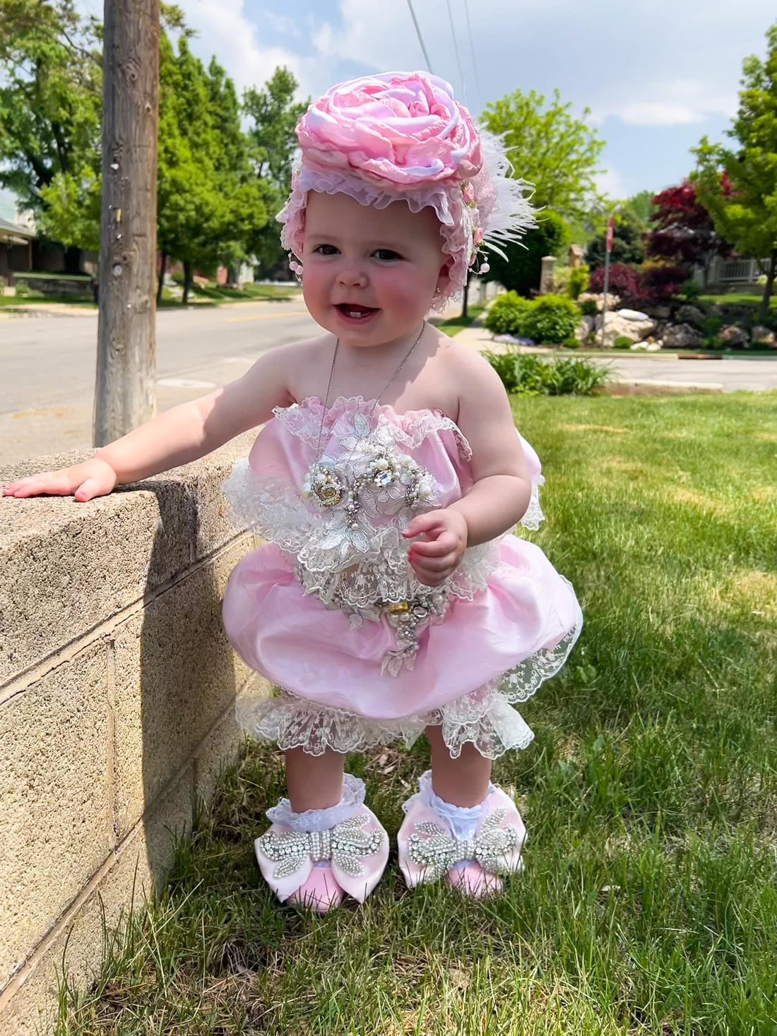 Pink baby and girl  coton fabric two pieces outfit and hair band
