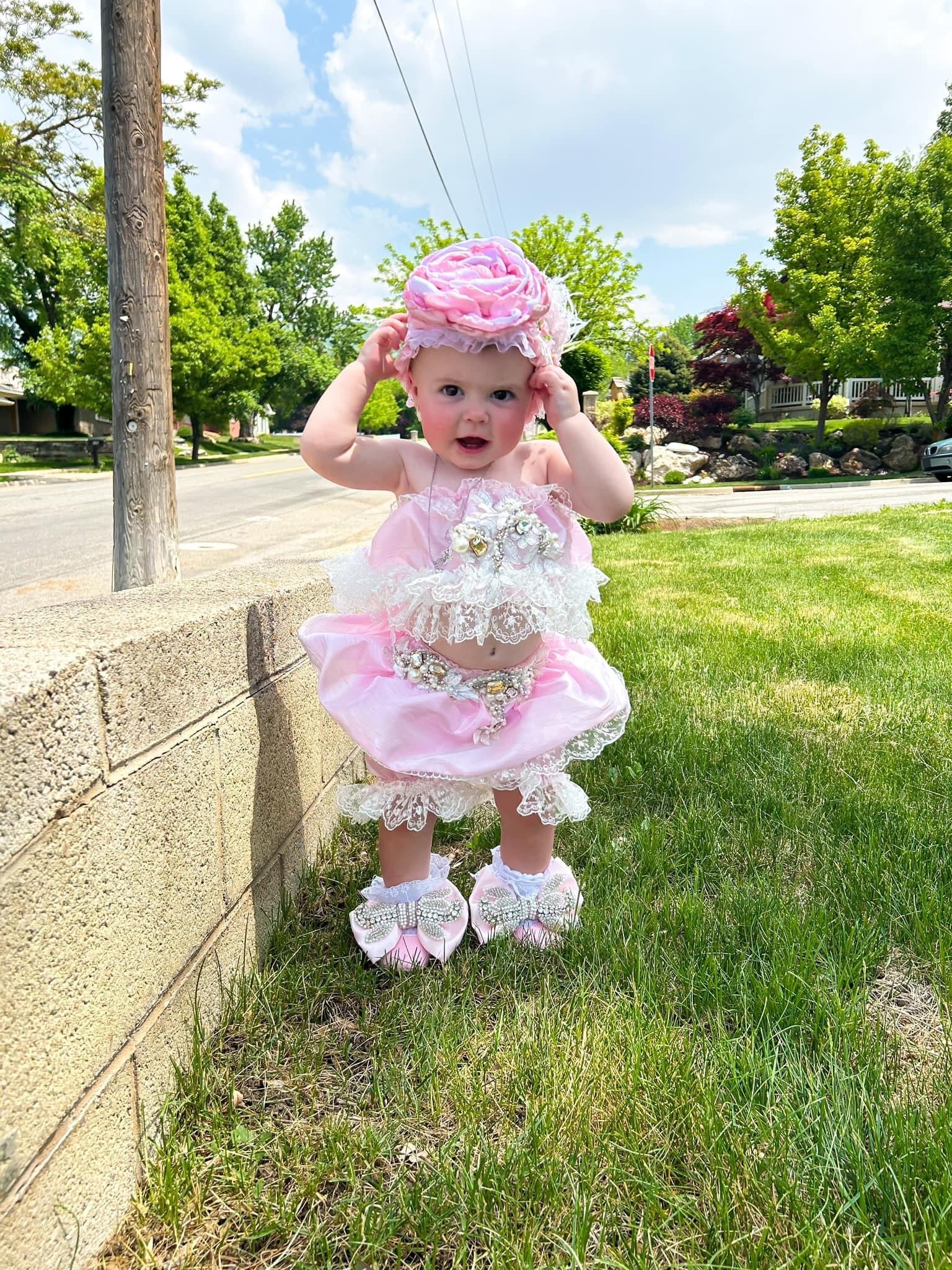Pink baby and girl  coton fabric two pieces outfit and hair band