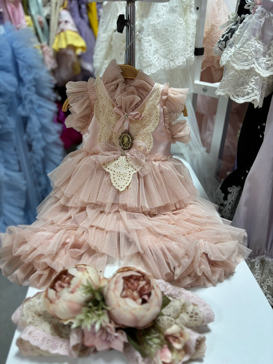 Light pink coton tulle baby jumpsuit and flower hairband wholesale  4 pcs