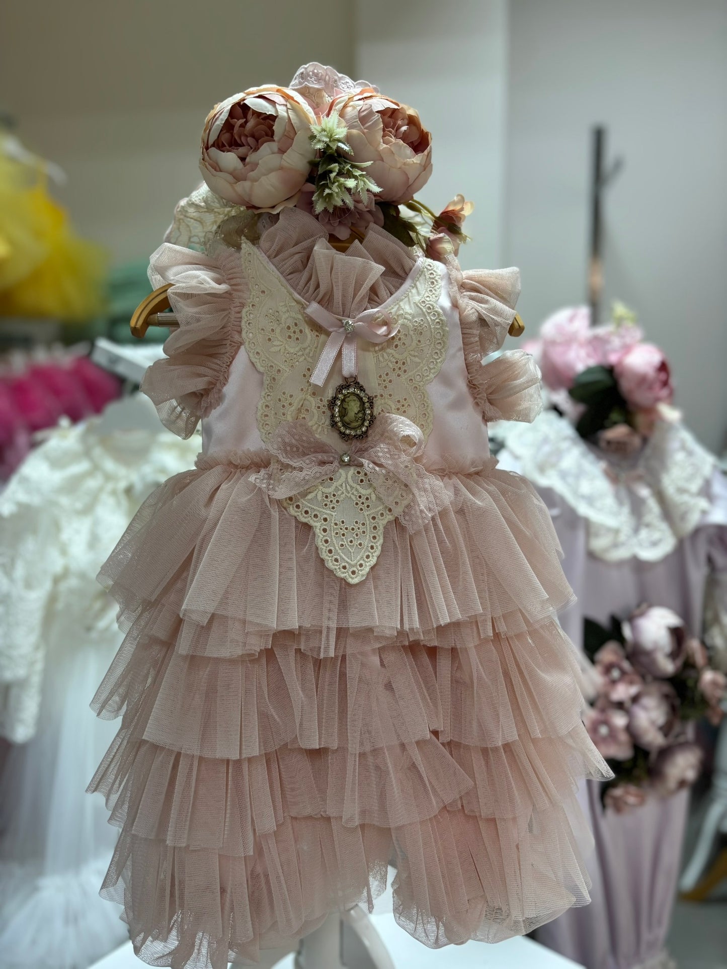 Light pink coton tulle baby jumpsuit and flower hairband wholesale  4 pcs