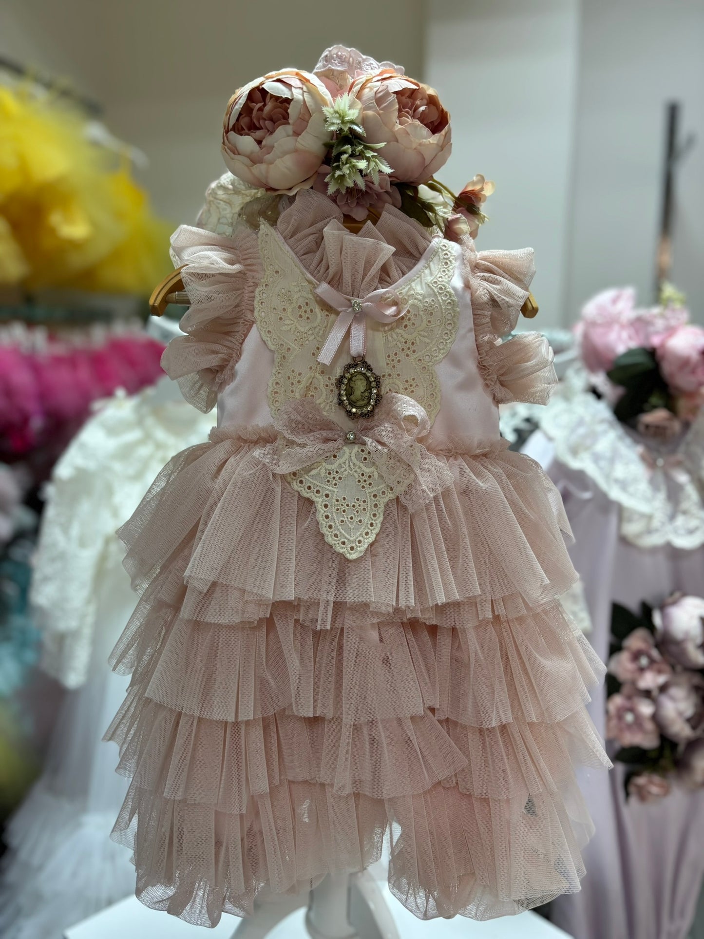 Light pink coton tulle baby jumpsuit and flower hairband wholesale  4 pcs
