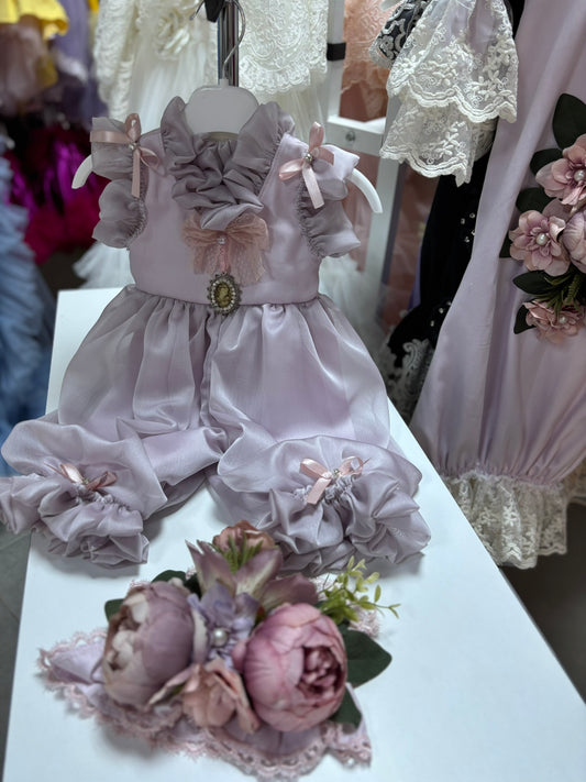 soft lilac coton tulle baby girl jumpsuit and flower hairband wholesale 6 pcs