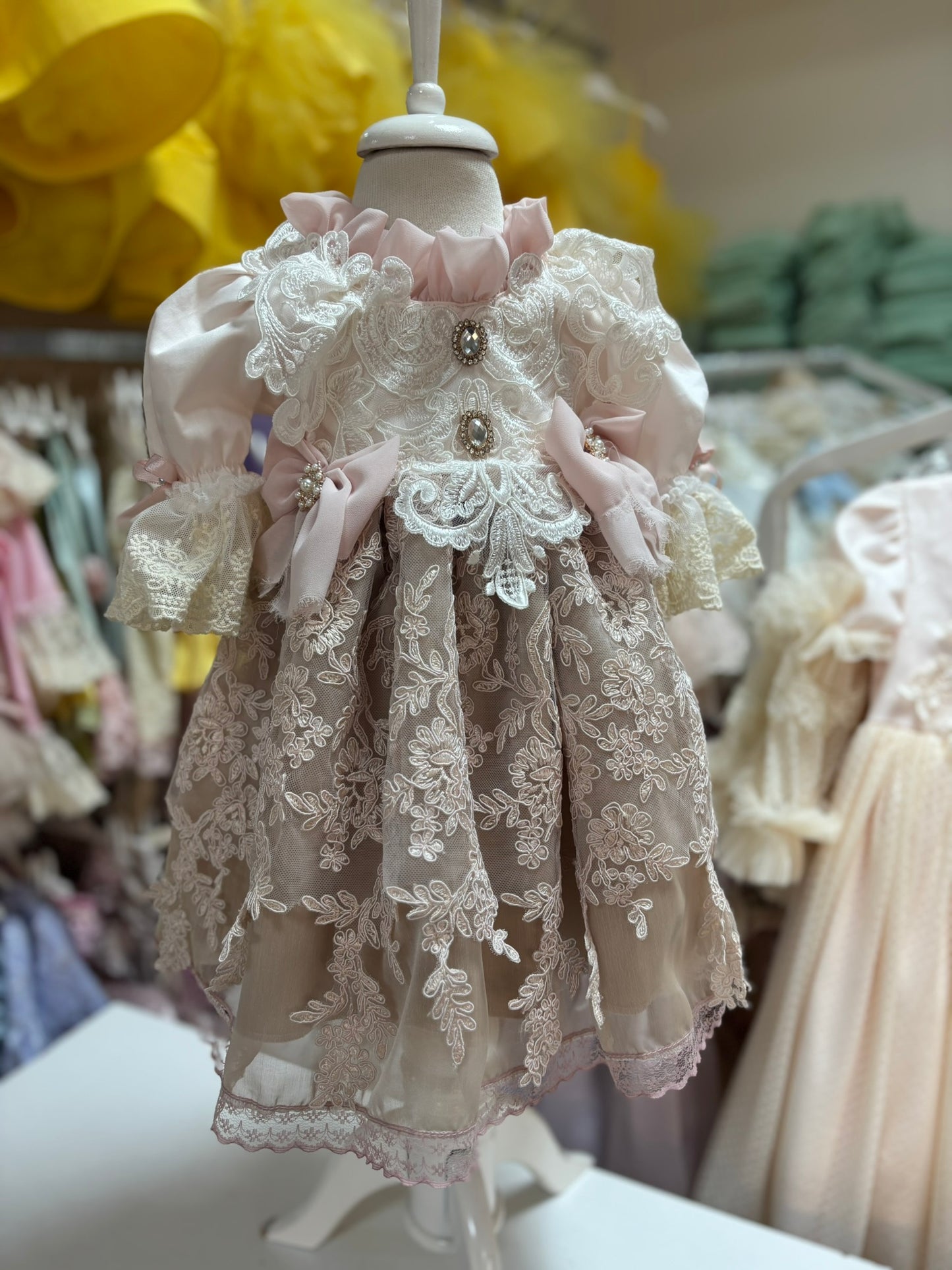 coton france lace light pink vintage baby and girl dress wholesale 7 pcs
