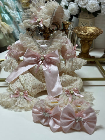 Baby Lace Fabric Vintage Jumpsuit Bonnet And Shoes set