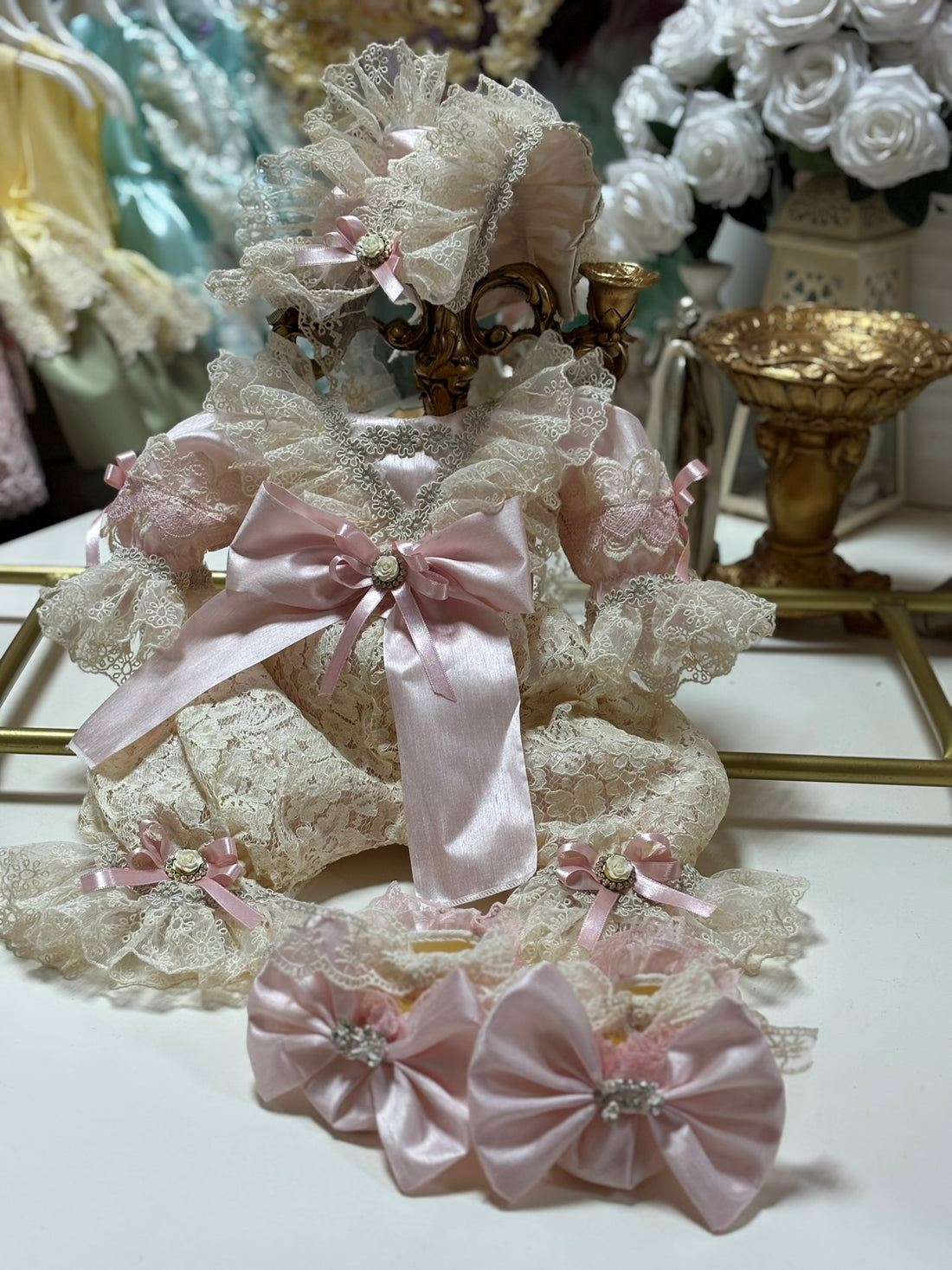 Baby Lace Fabric Vintage Jumpsuit Bonnet And Shoes set