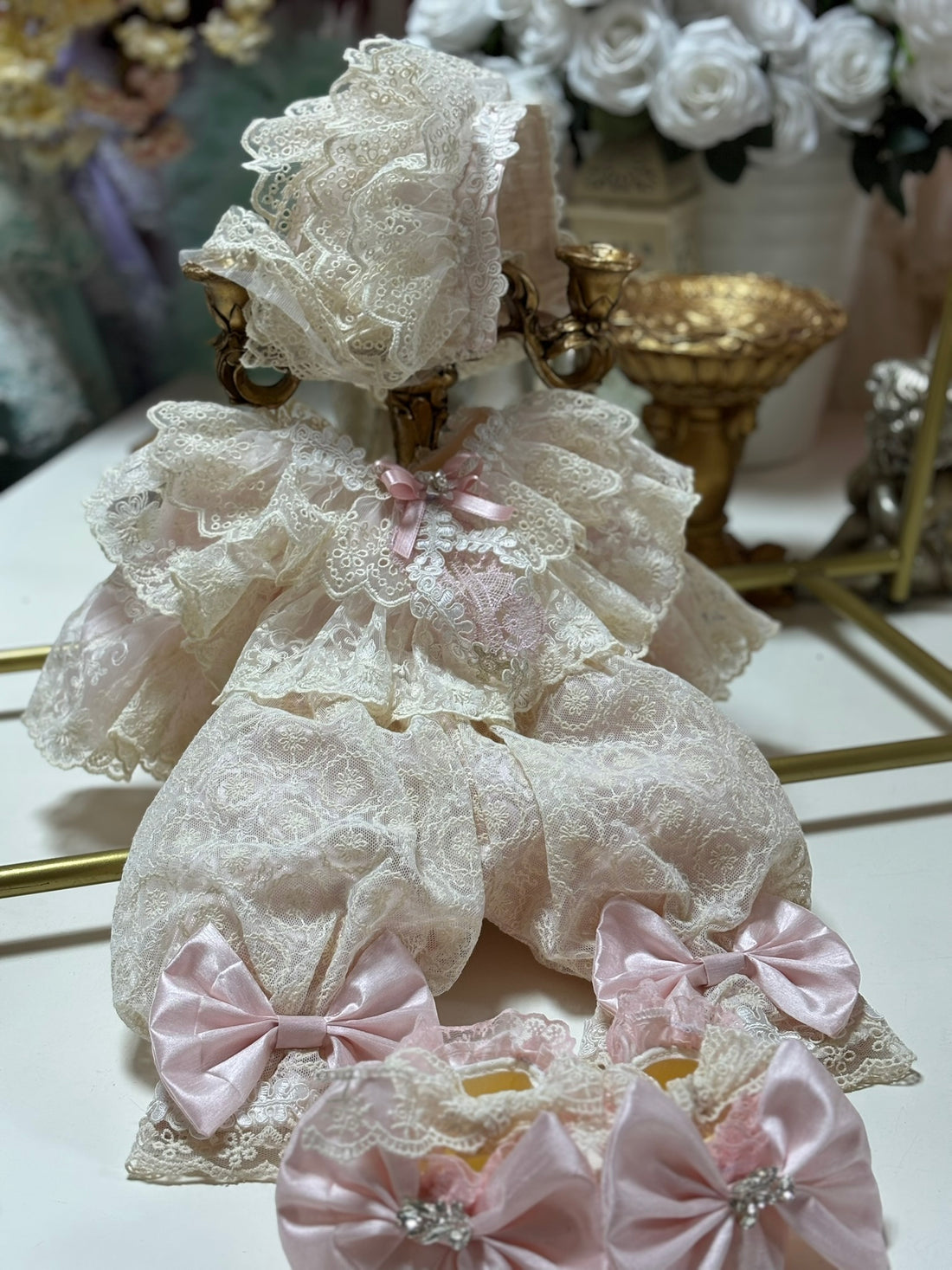 Baby Lace Fabric Jumpsuit Bonnet And Shose