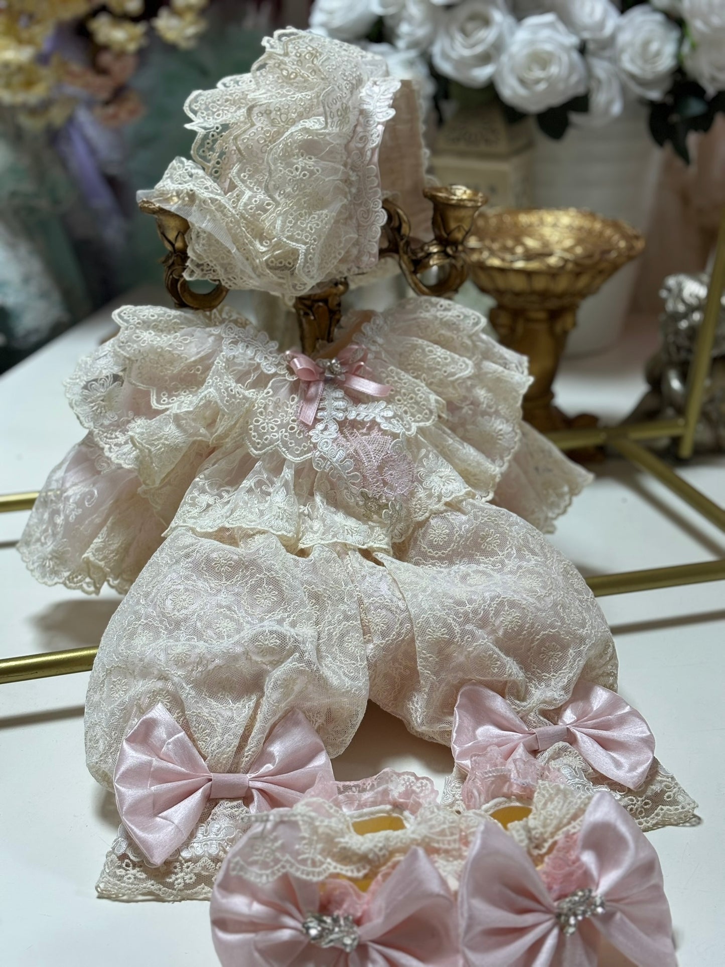 Baby Lace Fabric Jumpsuit Bonnet And Shoes set wholesale 4 pcs