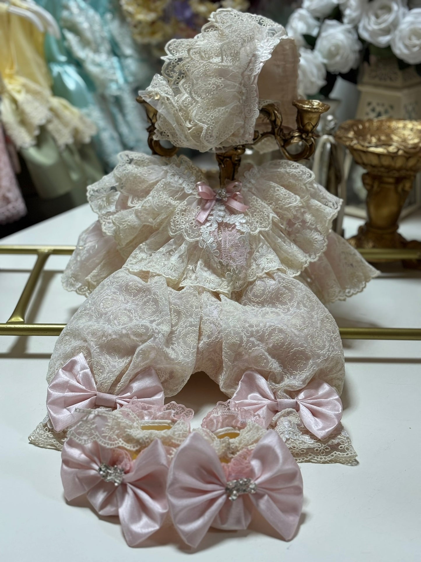 Baby Lace Fabric Jumpsuit Bonnet And Shoes set wholesale 4 pcs
