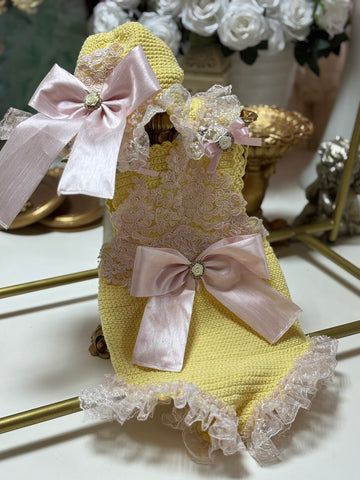 yellow knitwear romper and bonnet lace aplique
