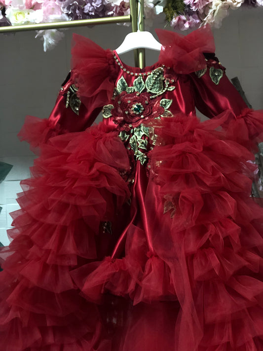 red flowers long train jumpsuit and hairbow
