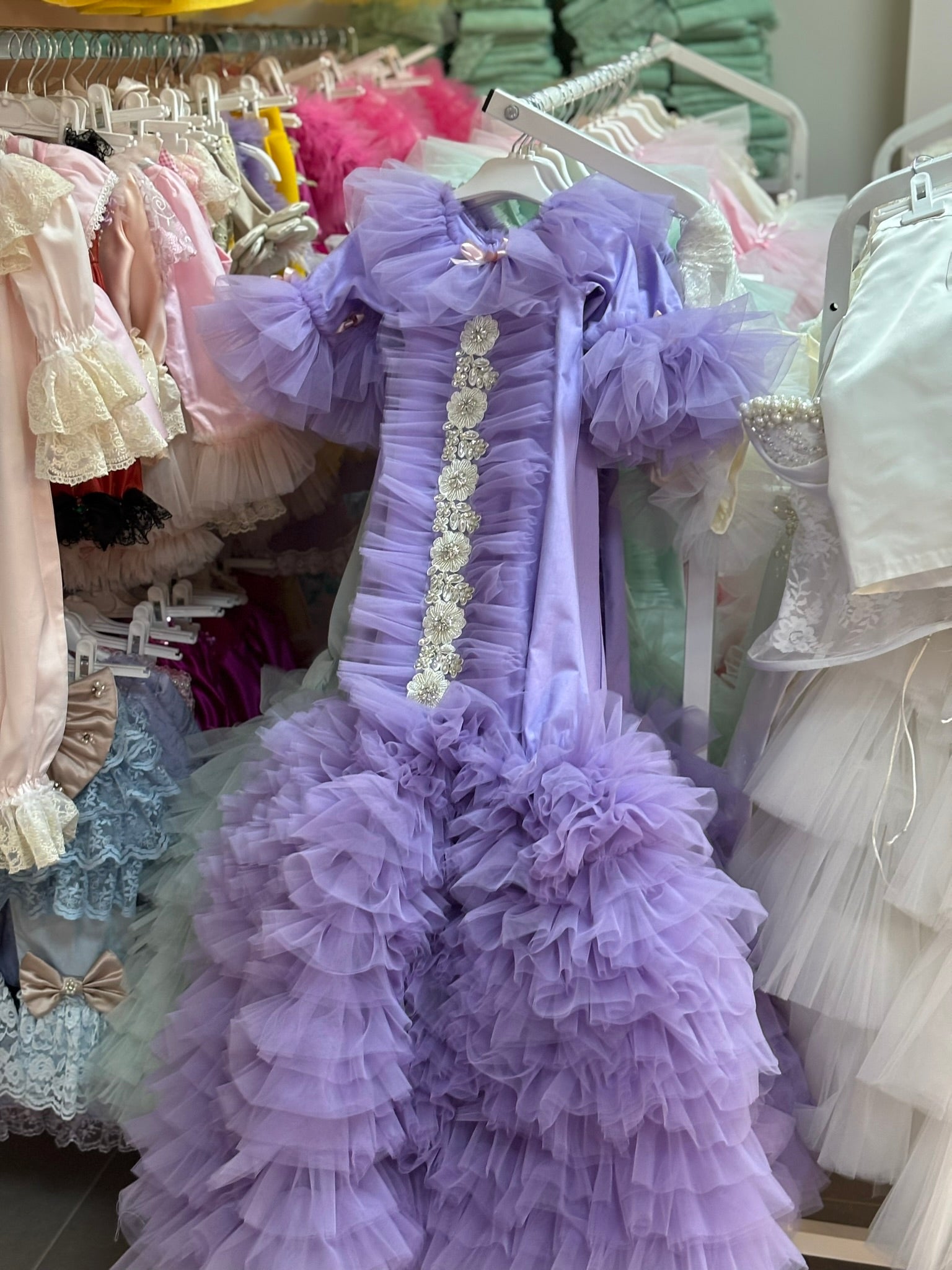 Lilac Baby Long Gown And Bonnet
