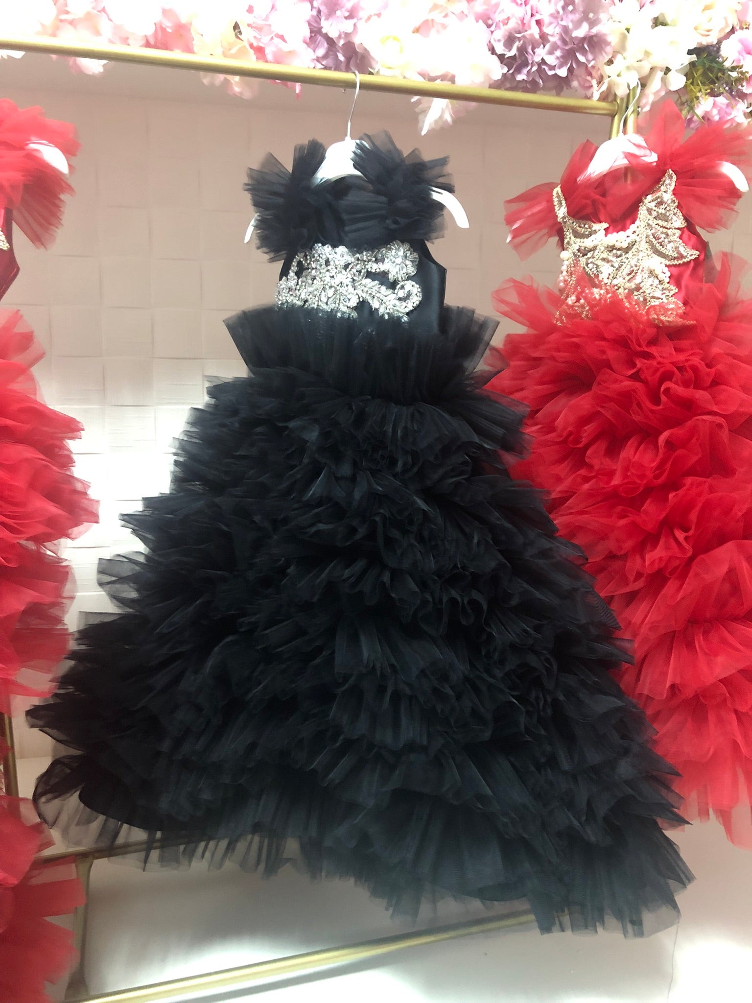 Black Long Tulle Dresses Rhine stone Handmade And Bow