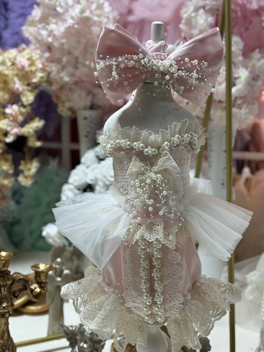 pink silk fabric pearl details two pieces outfit and bow girl and toddler