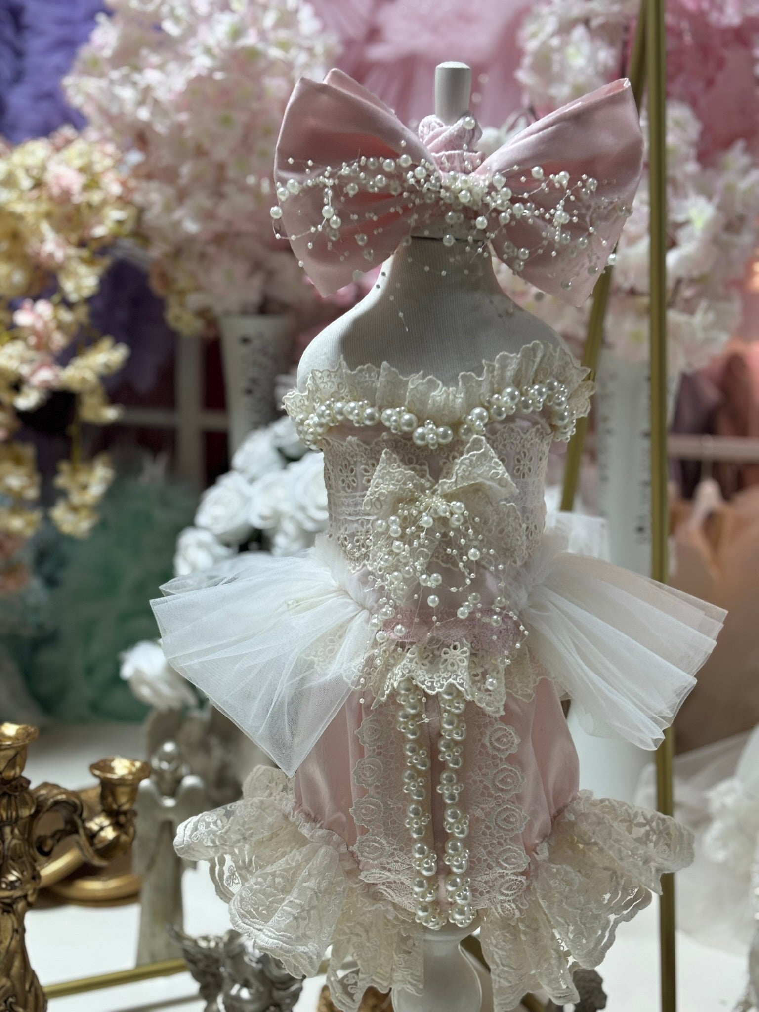 pink silk fabric pearl details two pieces outfit and bow girl and toddler