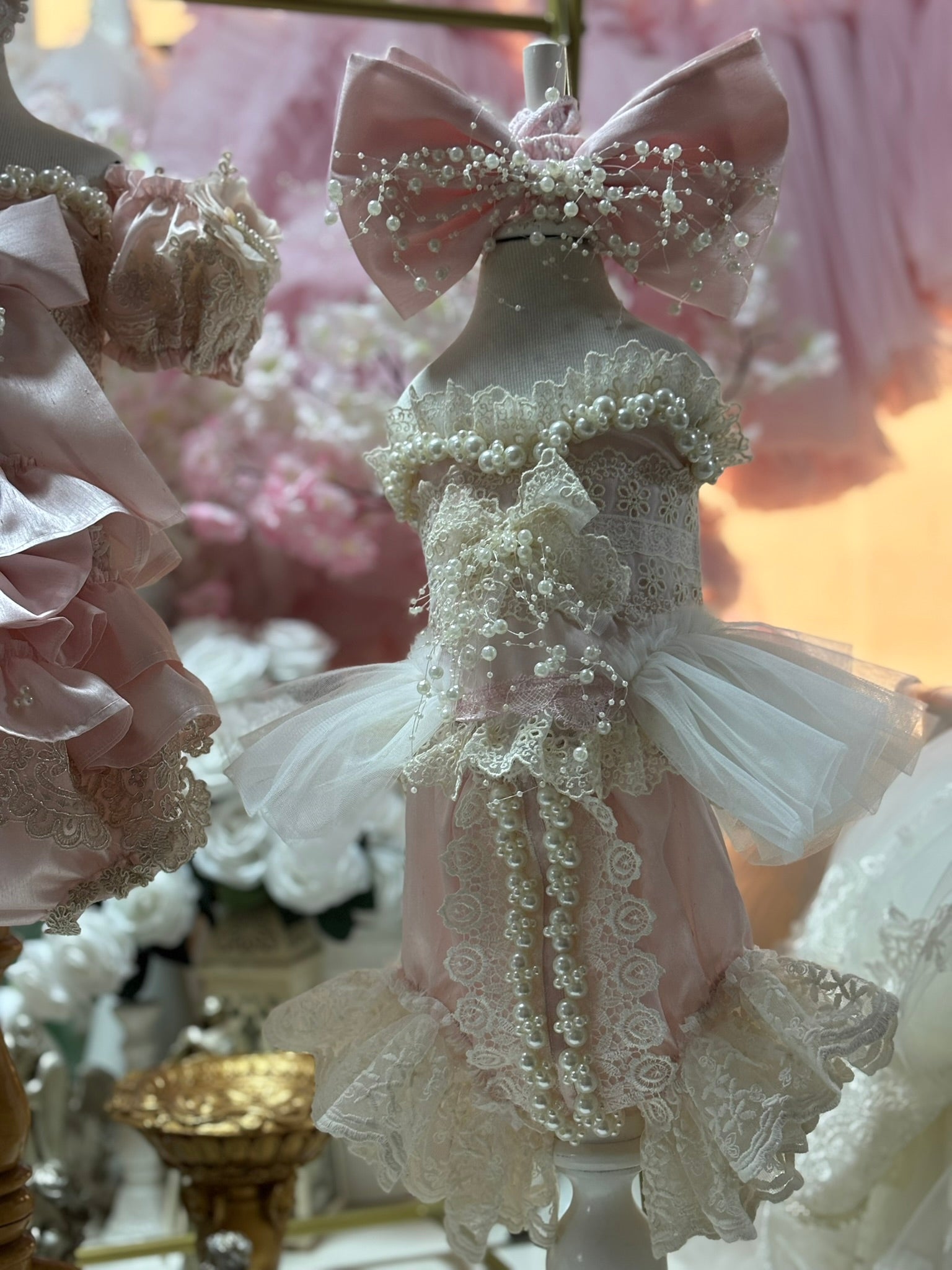 pink silk fabric pearl details two pieces outfit and bow girl and toddler