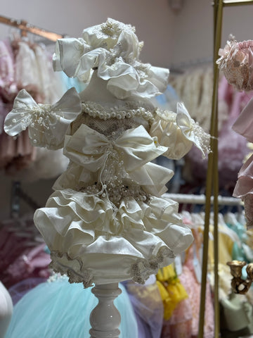 cream silk fabric pearl details two pieces outfit and bonnet girl and baby