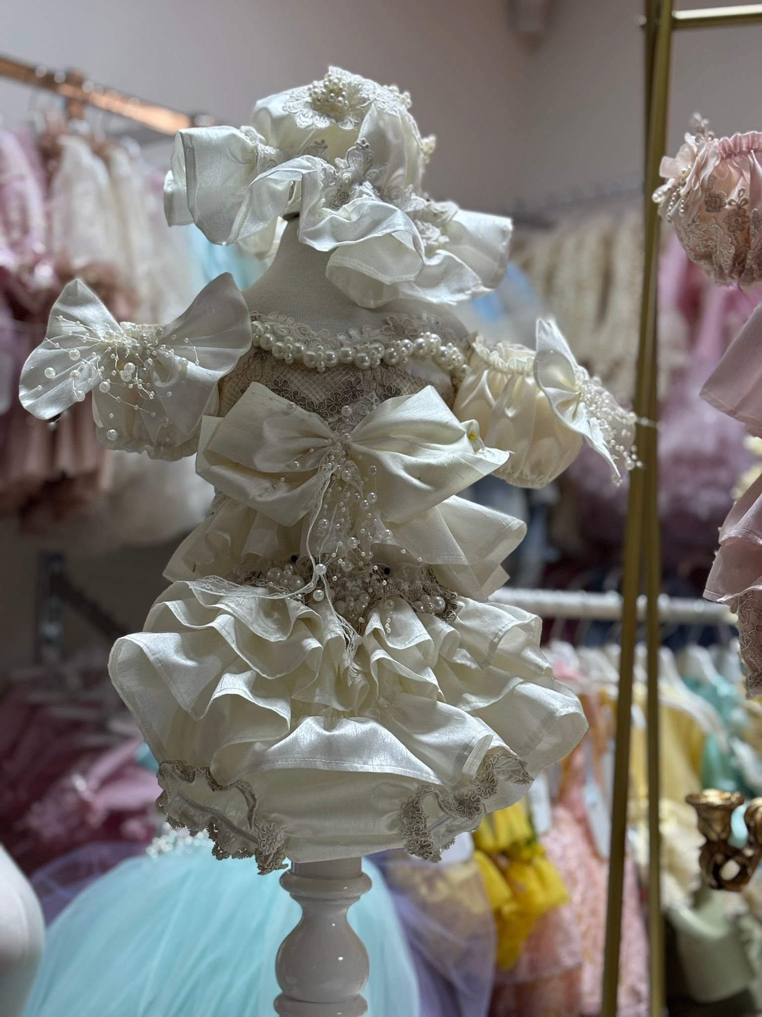 cream silk fabric pearl details two pieces outfit and bonnet girl and baby