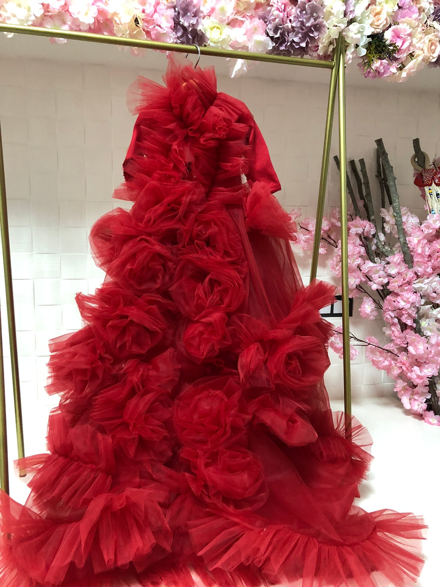 red tulle flowers long baby gown and bonnet