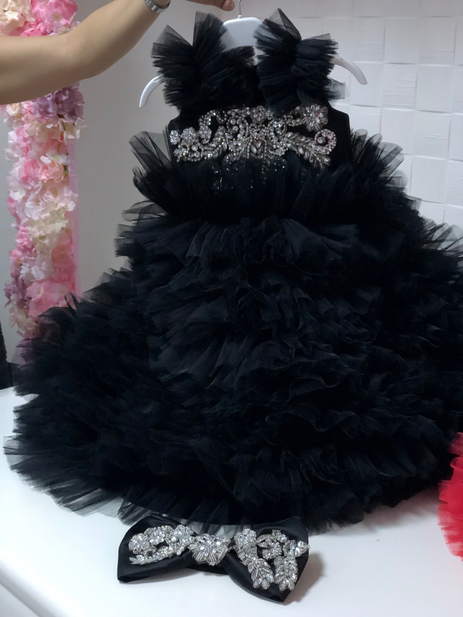 Black Long Tulle Dresses Rhine stone Handmade And Bow